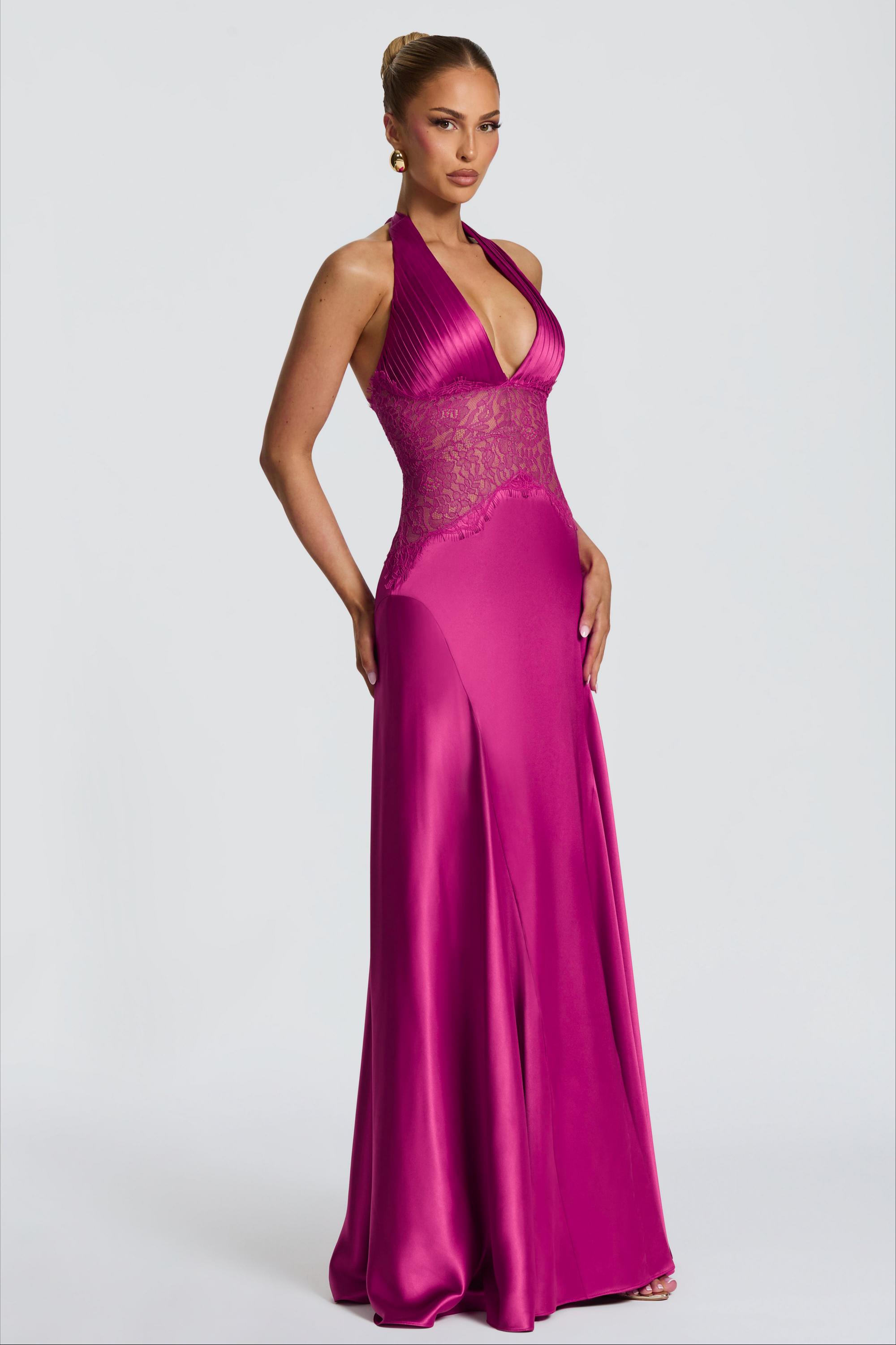 Satin Splicing Lace Halter Neck Pleated Maxi Dress