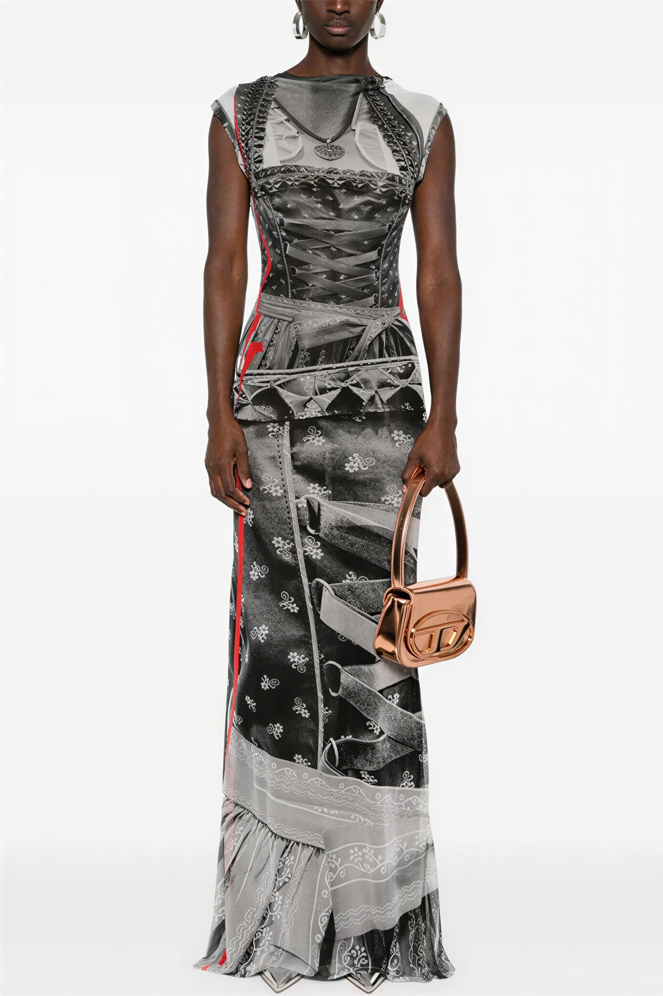 Mesh Abstract Print See-Through Maxi Dress