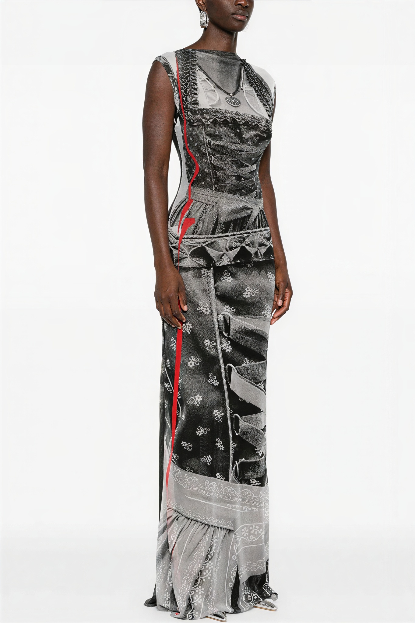 Mesh Abstract Print See-Through Maxi Dress