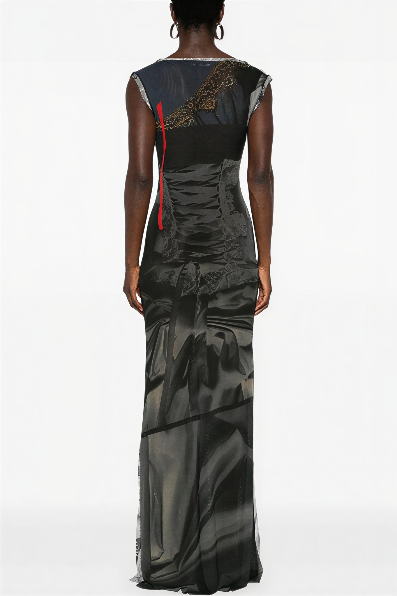 Mesh Abstract Print See-Through Maxi Dress