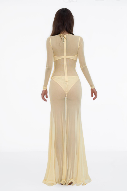 Mesh Splicing Lace Cut-Out Maxi Dress
