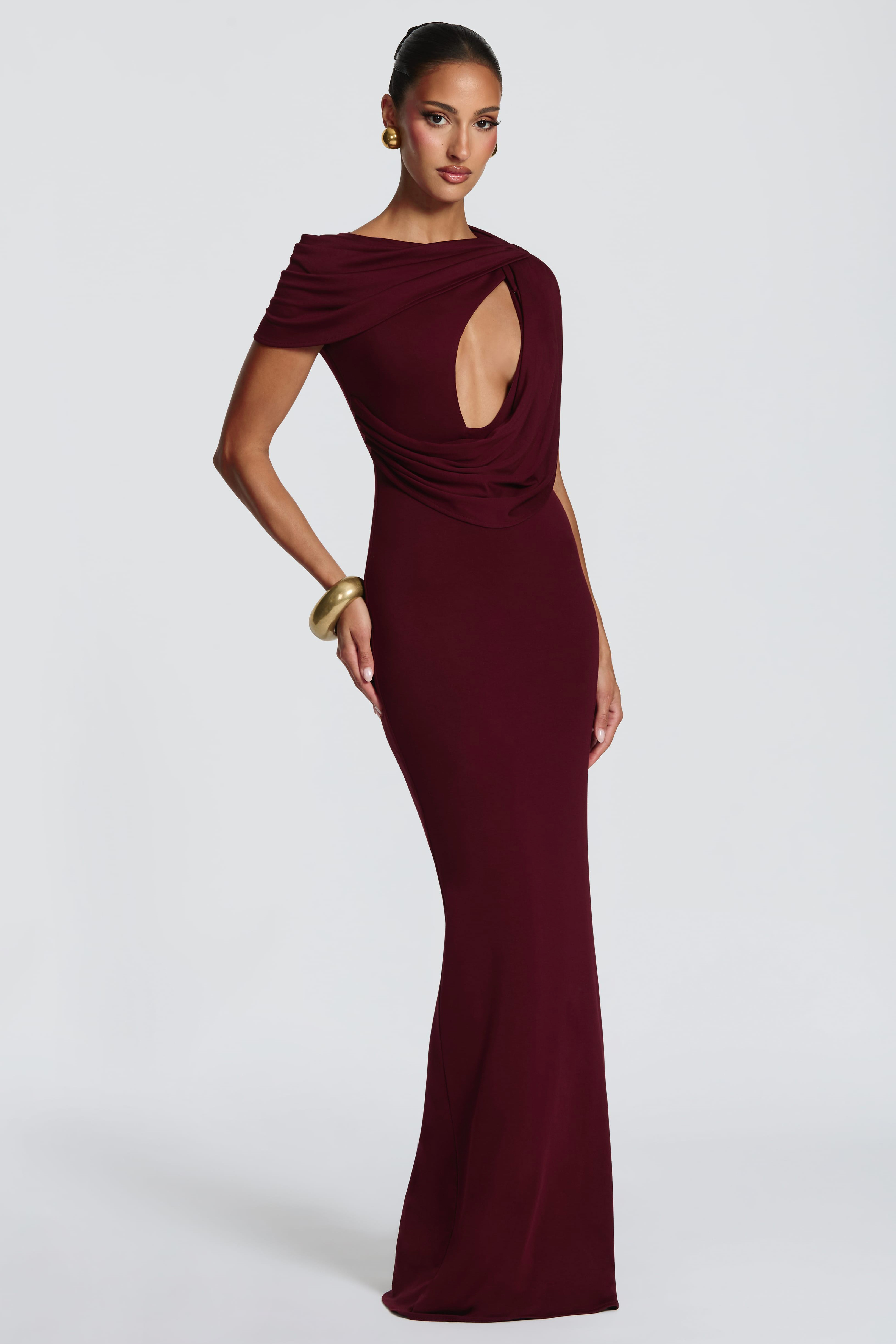 Jersey Cut-Out Asymmetrical Sleeve Maxi Dress