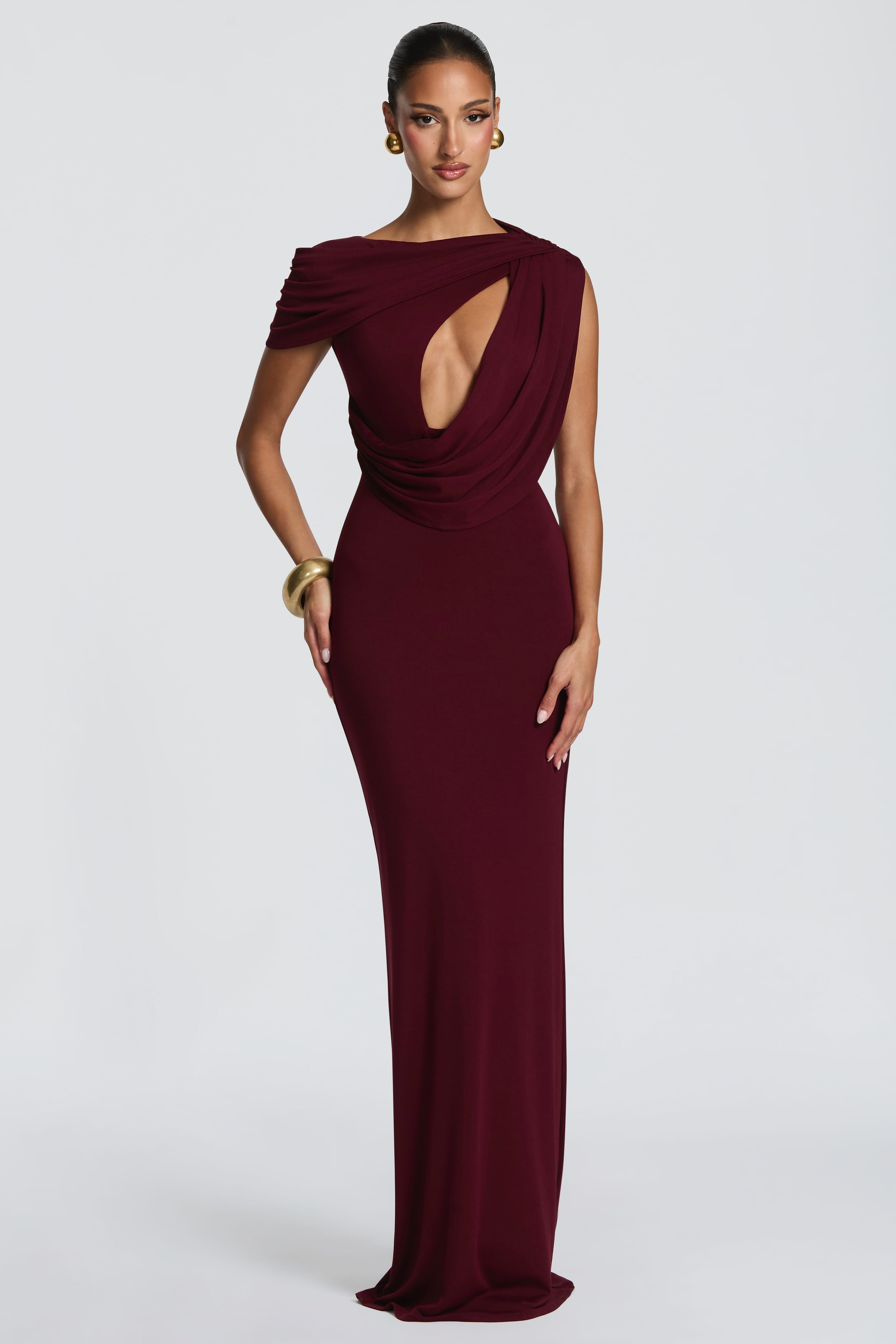 Jersey Cut-Out Asymmetrical Sleeve Maxi Dress