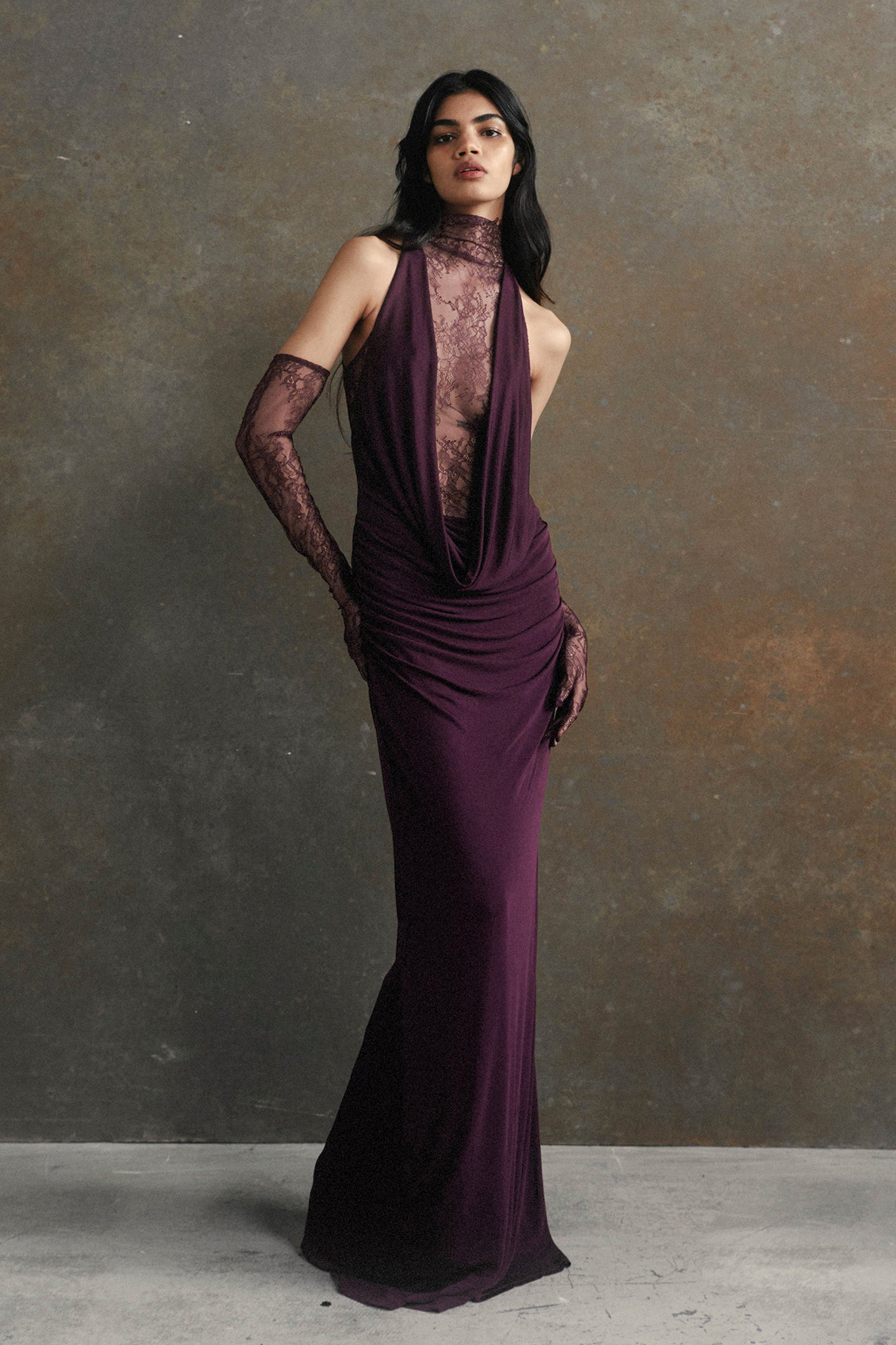 Lace Splicing Jersey Maxi Dress with Gloves