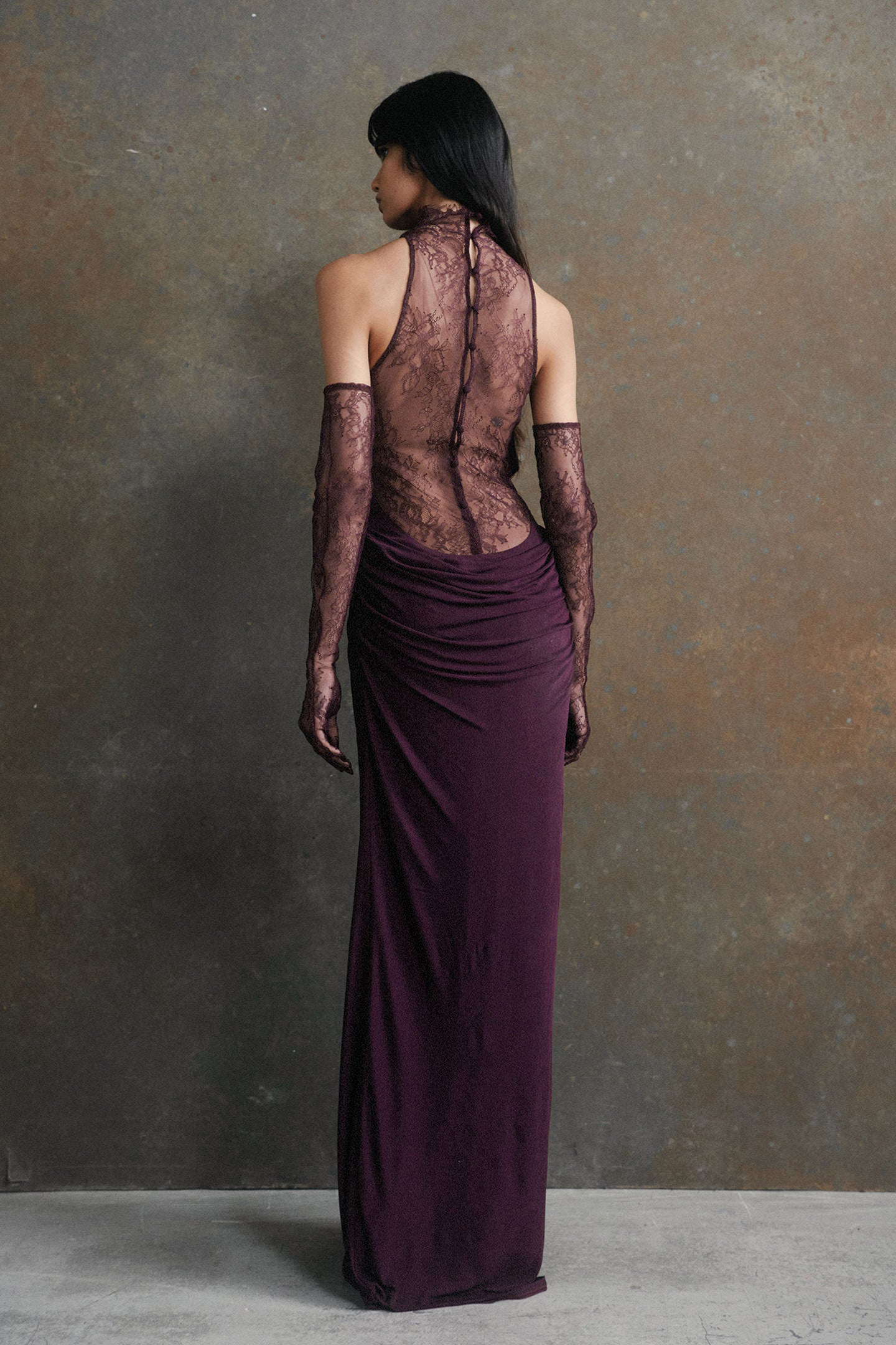 Lace Splicing Jersey Maxi Dress with Gloves