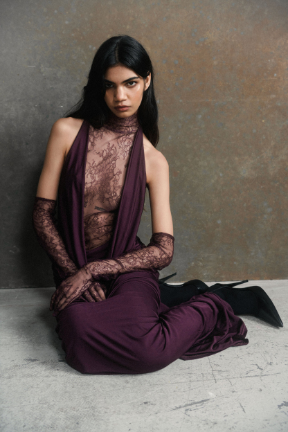 Lace Splicing Jersey Maxi Dress with Gloves