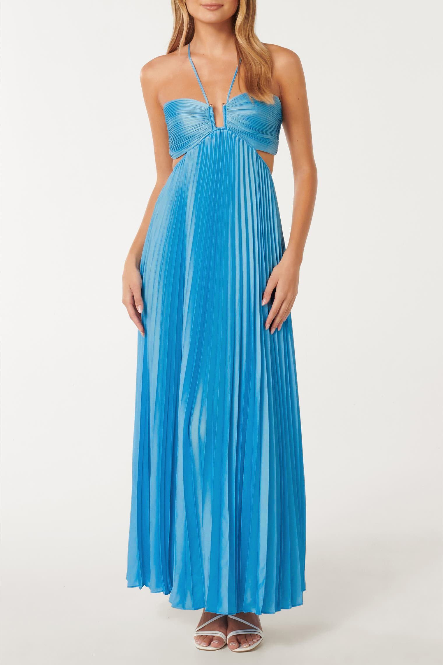 Solid Pleated Halter  Neck Maxi Dress