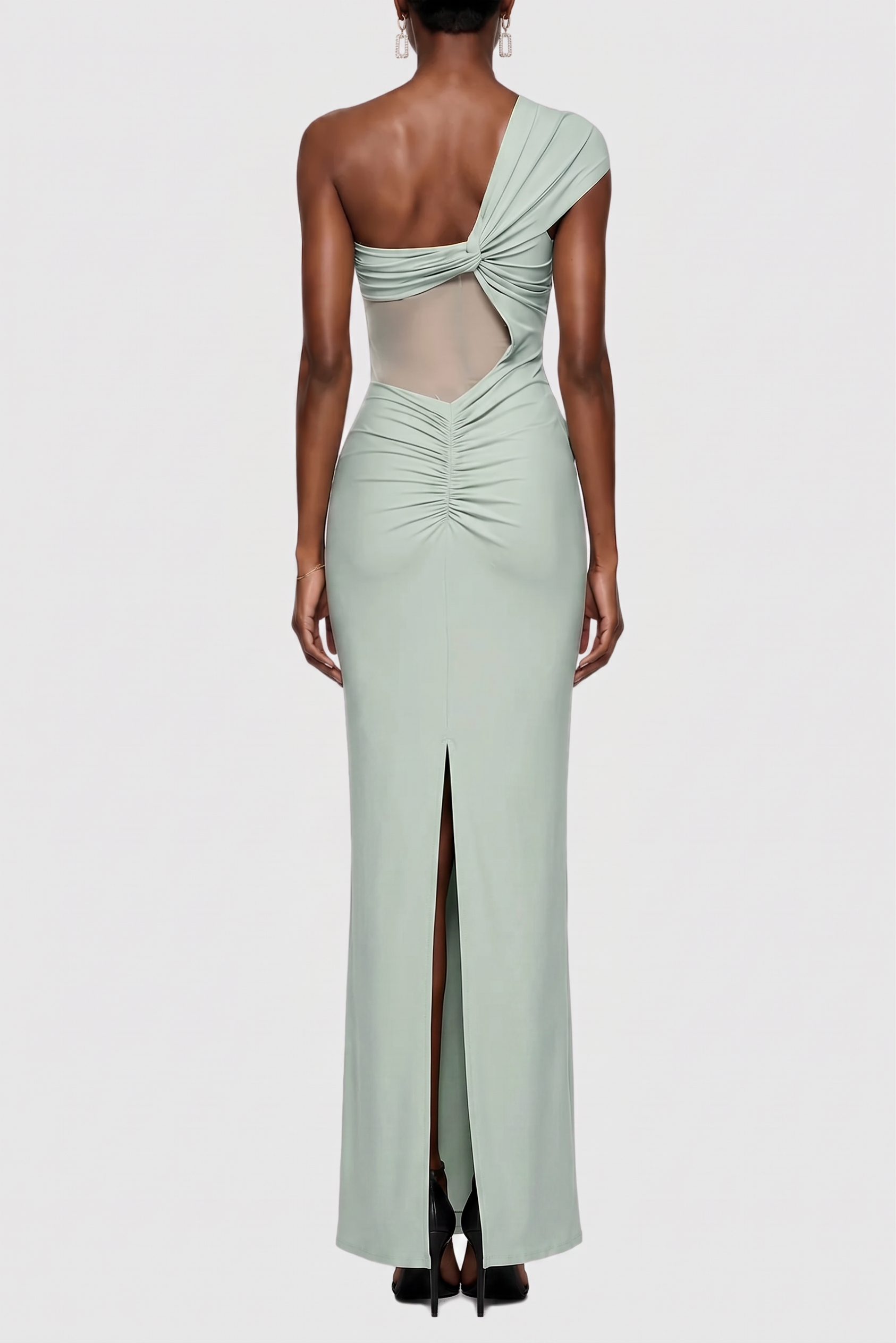Jersey Lace Combo One-Shoulder Ruched Cut-out Maxi Dress