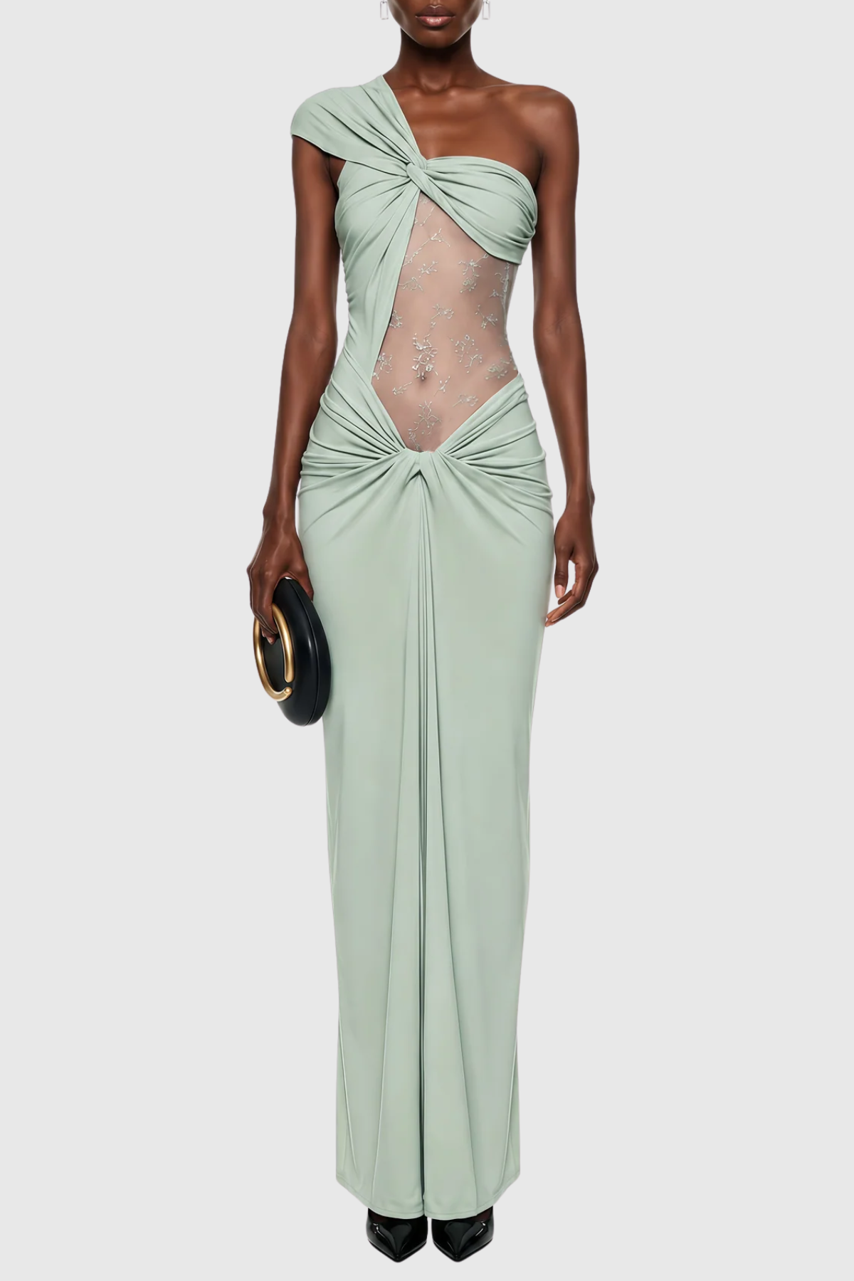 Jersey Lace Combo One-Shoulder Ruched Cut-out Maxi Dress