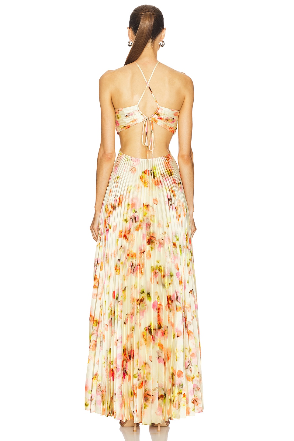 Floral Print Pleated Halter Cut-out Maxi Dress