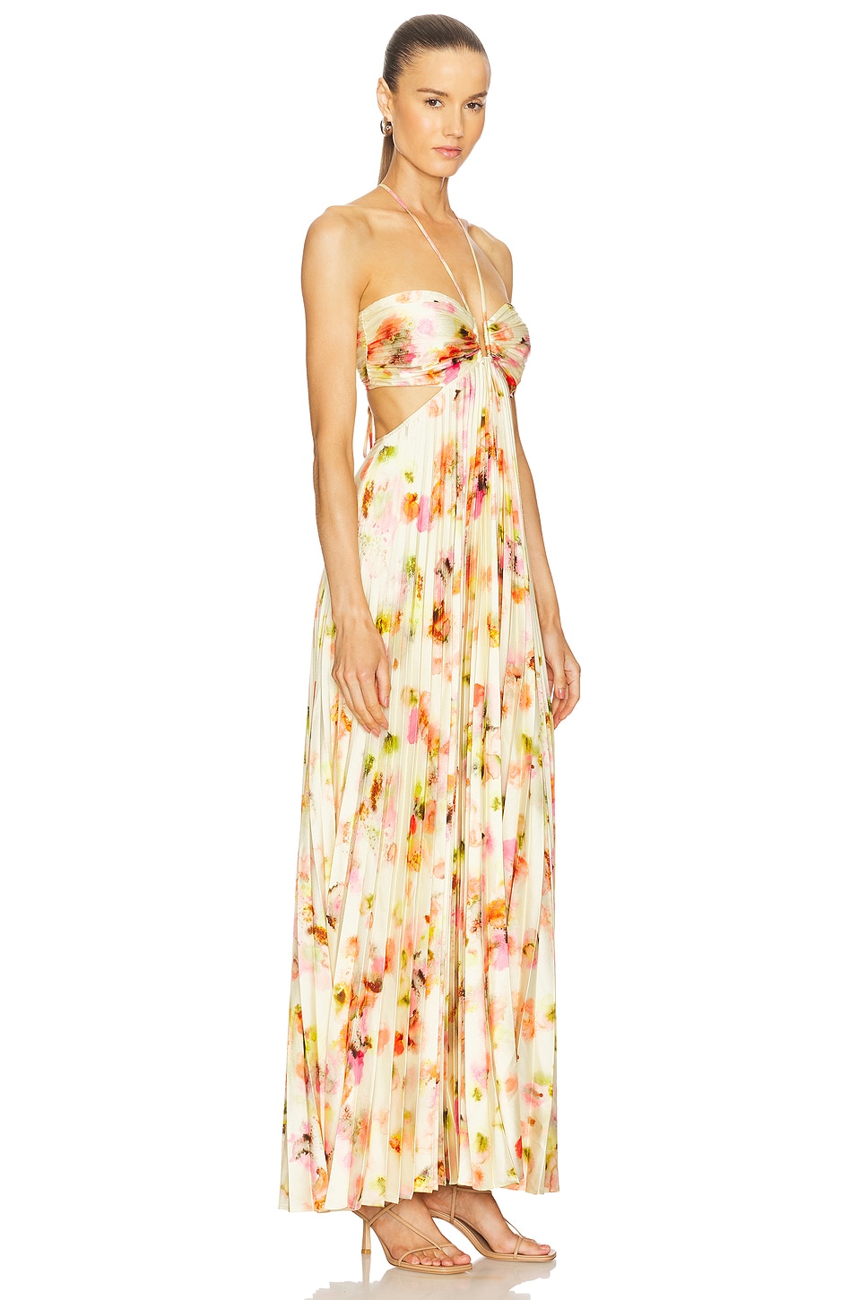 Floral Print Pleated Halter Cut-out Maxi Dress