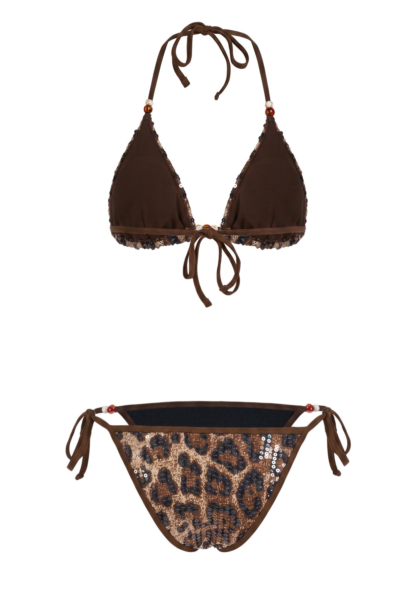Sequin Leopard Print Beaded Bikini Two Piece Set