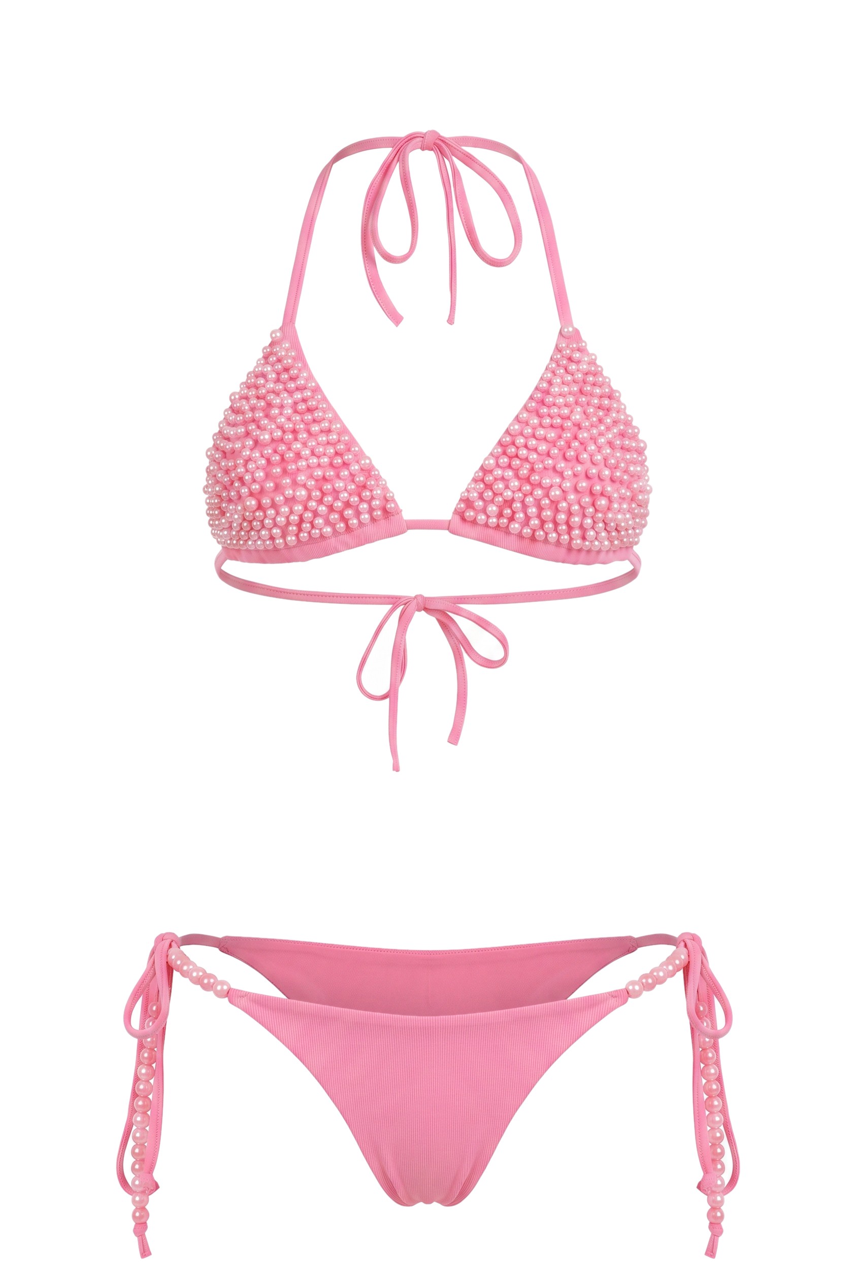 Faux Pearl Tie-Up Halter Neck Bikini Two Piece Set