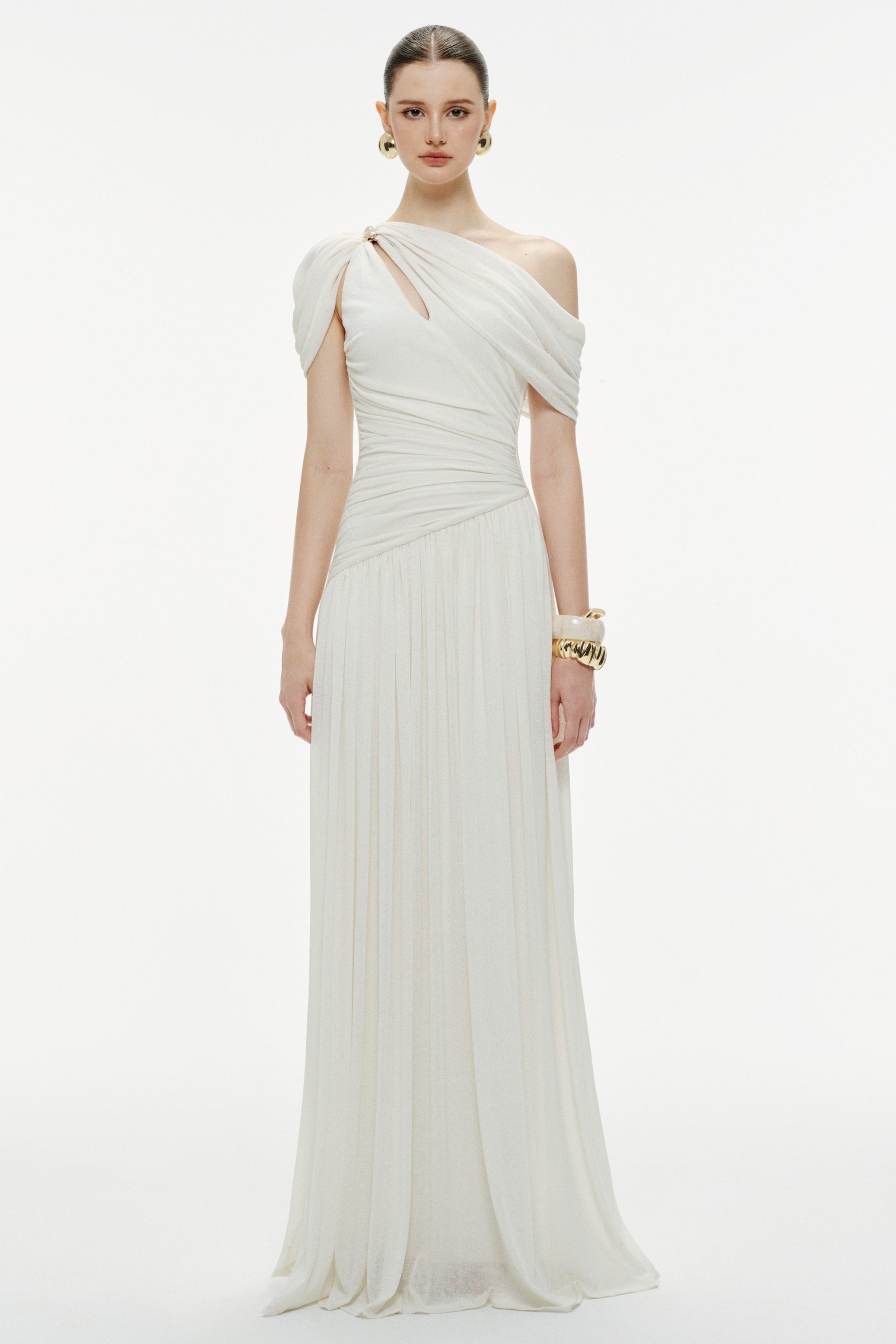 Jersey Asymmetrical Shoulder Cut-out Ruched Maxi Dress