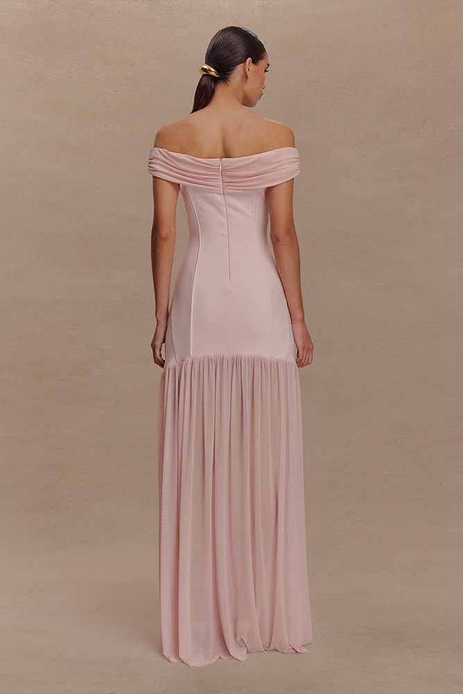 Jersey Combo Off-Shoulder Metal Buckle Maxi Dress