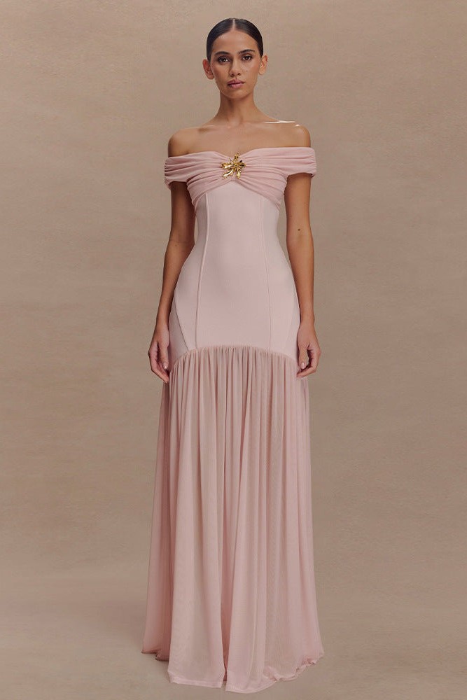 Jersey Combo Off-Shoulder Metal Buckle Maxi Dress