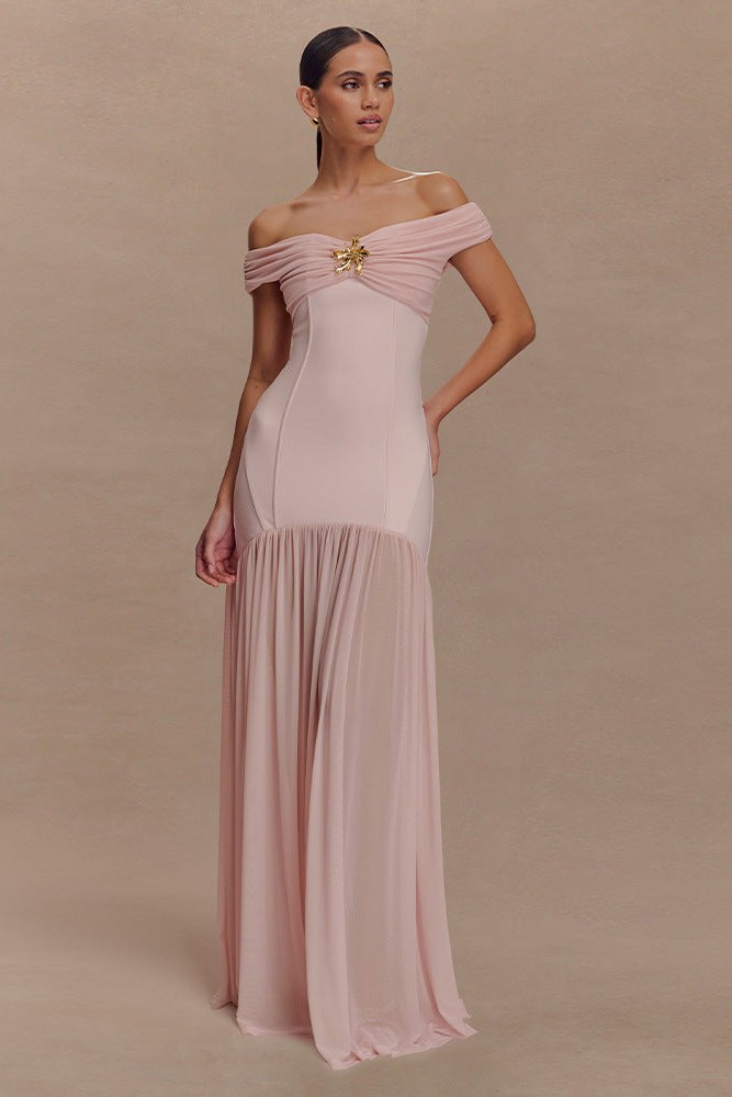 Jersey Combo Off-Shoulder Metal Buckle Maxi Dress