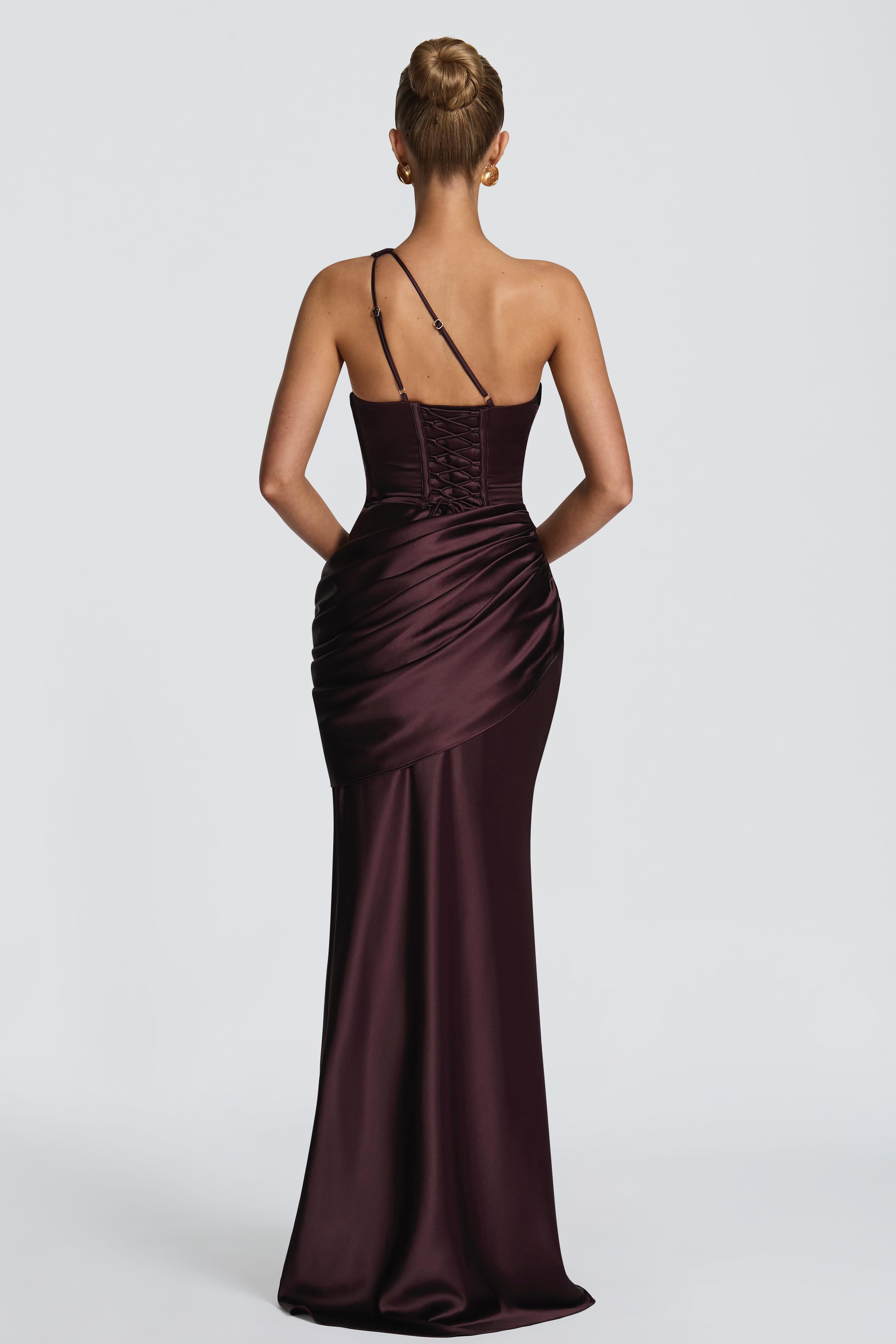 Satin One Shoulder Cutout Ruched Maxi Dress