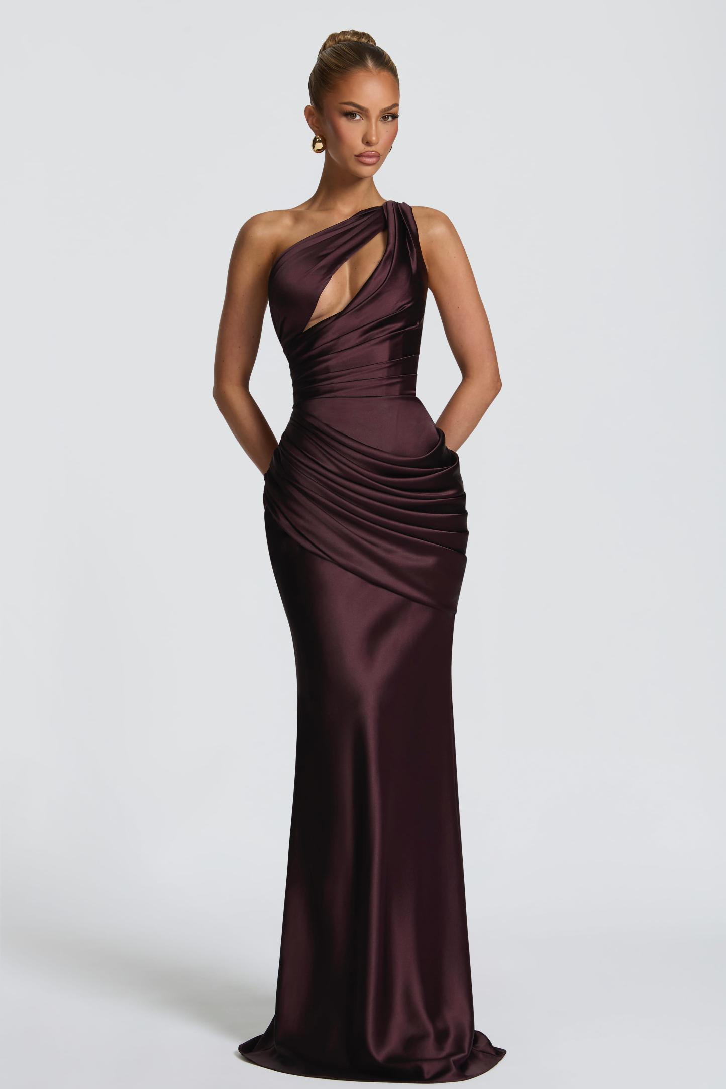 Satin One Shoulder Cutout Ruched Maxi Dress