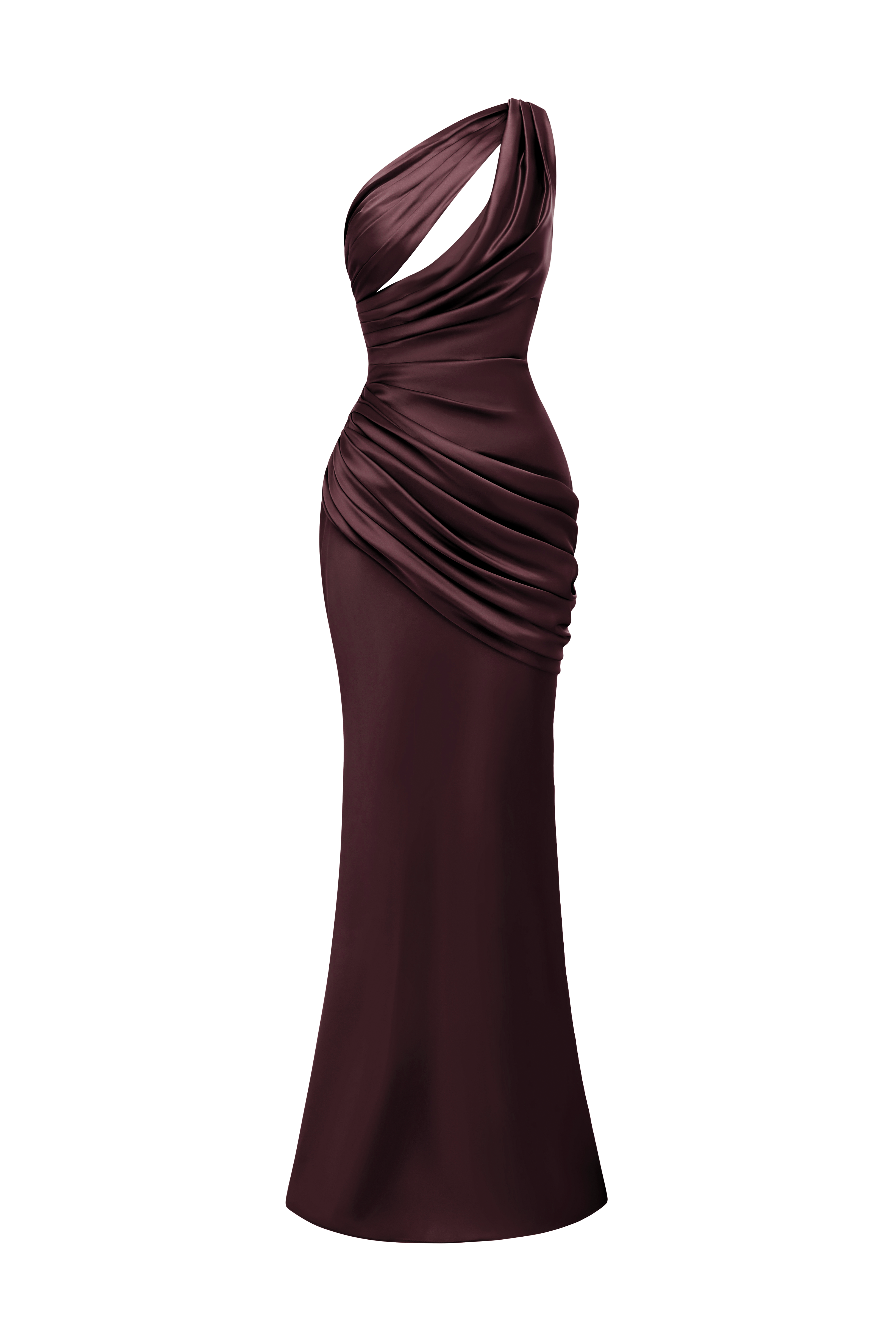 Satin One Shoulder Cutout Ruched Maxi Dress