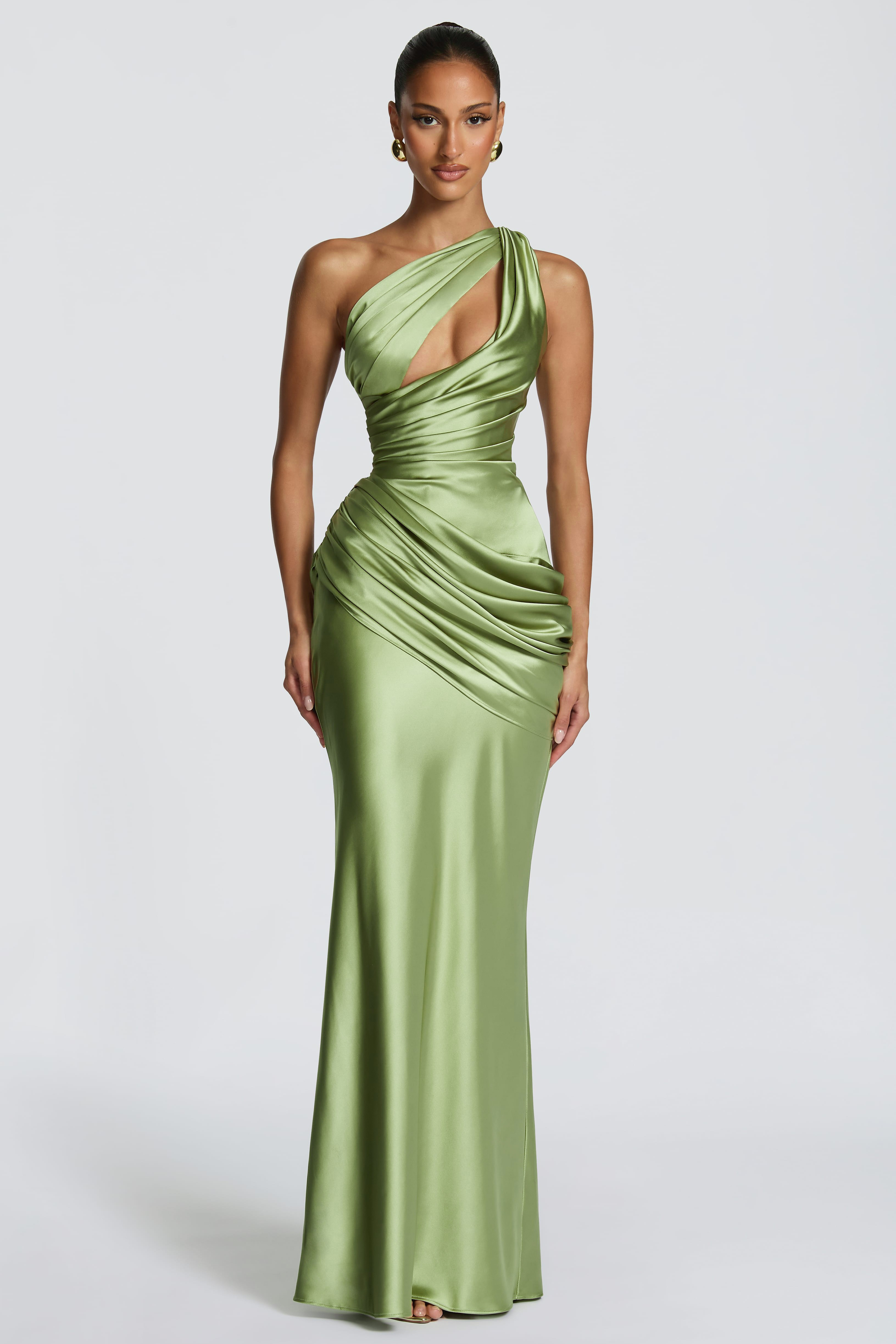 Satin One Shoulder Cutout Ruched Maxi Dress