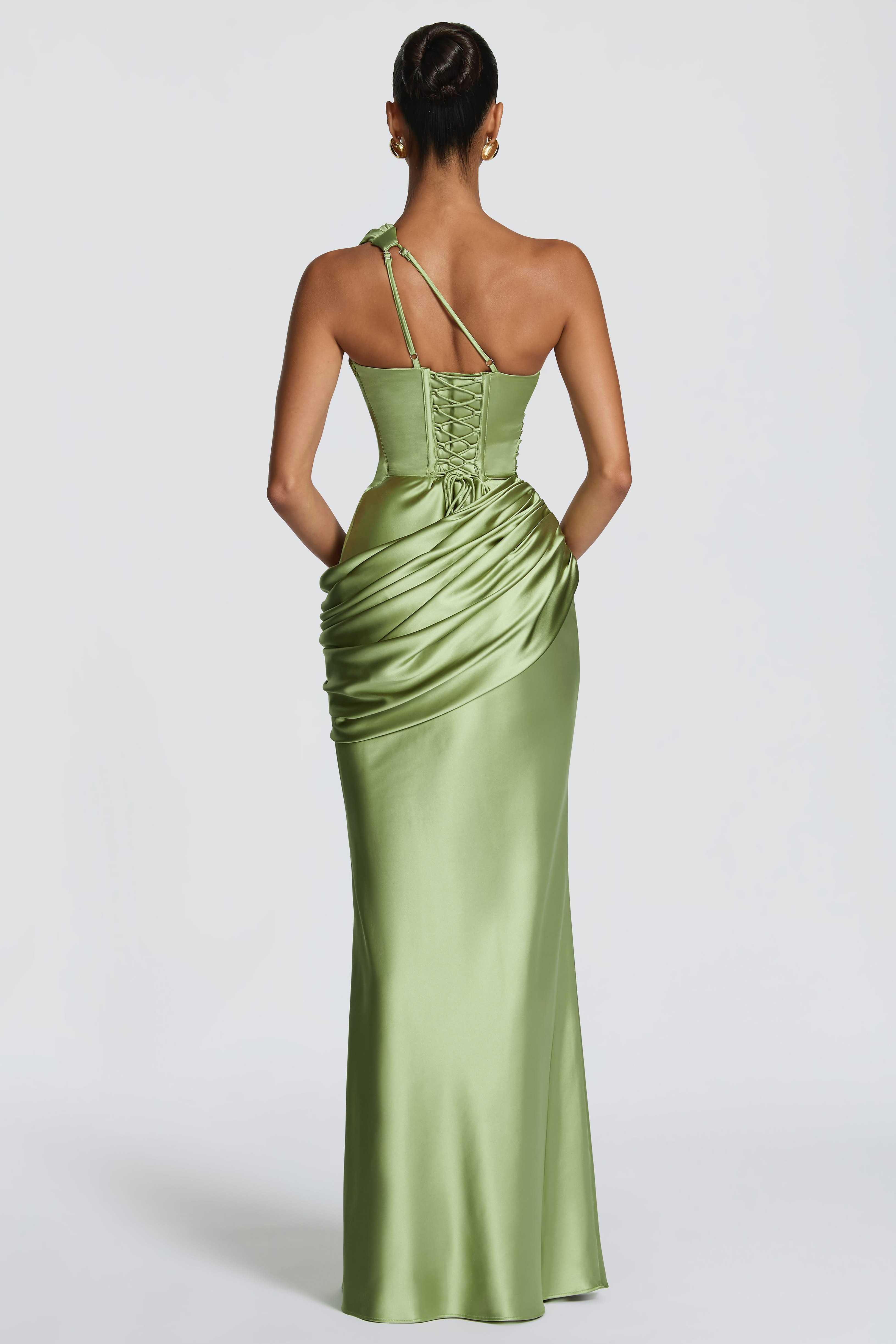 Satin One Shoulder Cutout Ruched Maxi Dress