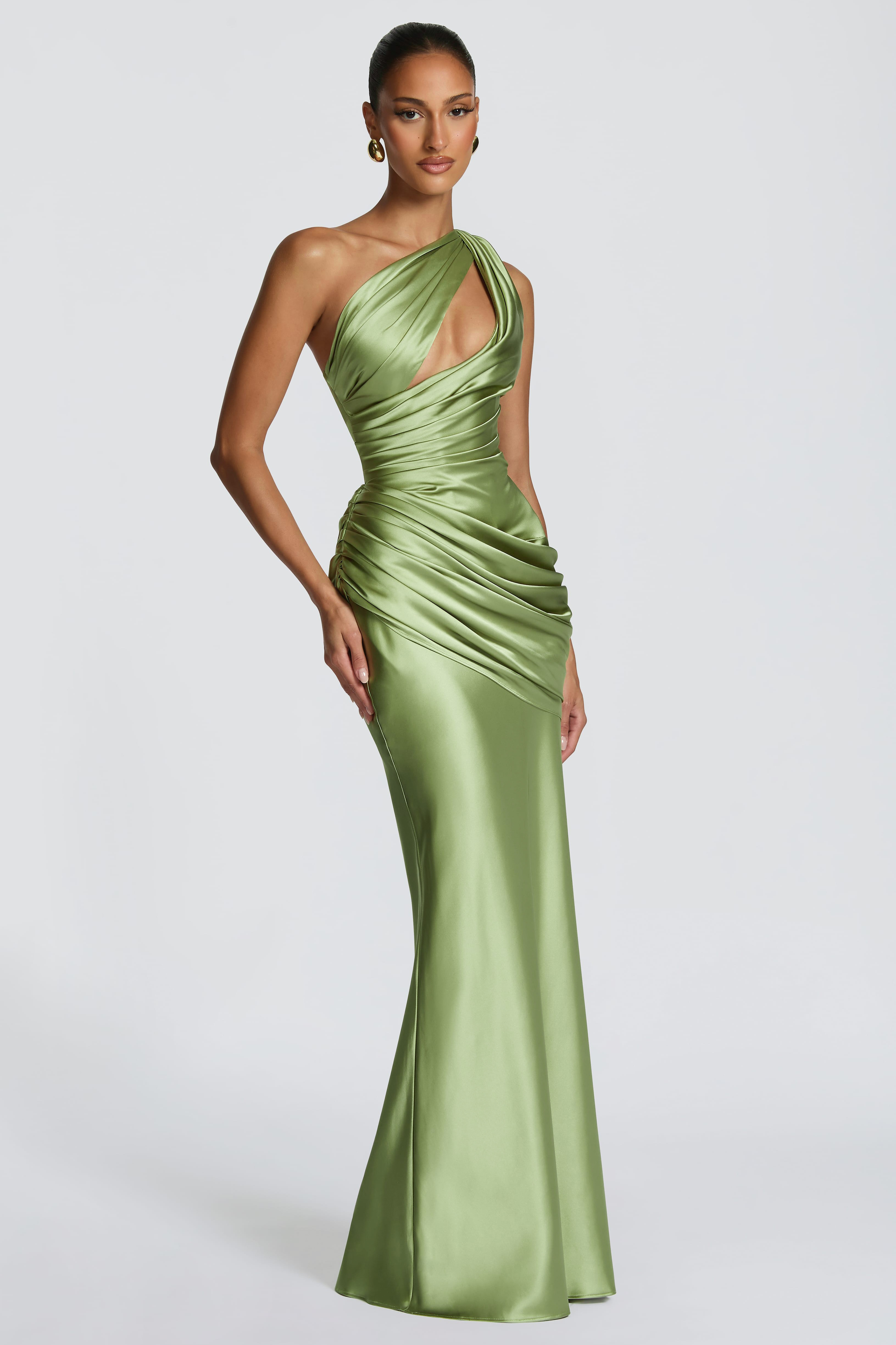 Satin One Shoulder Cutout Ruched Maxi Dress