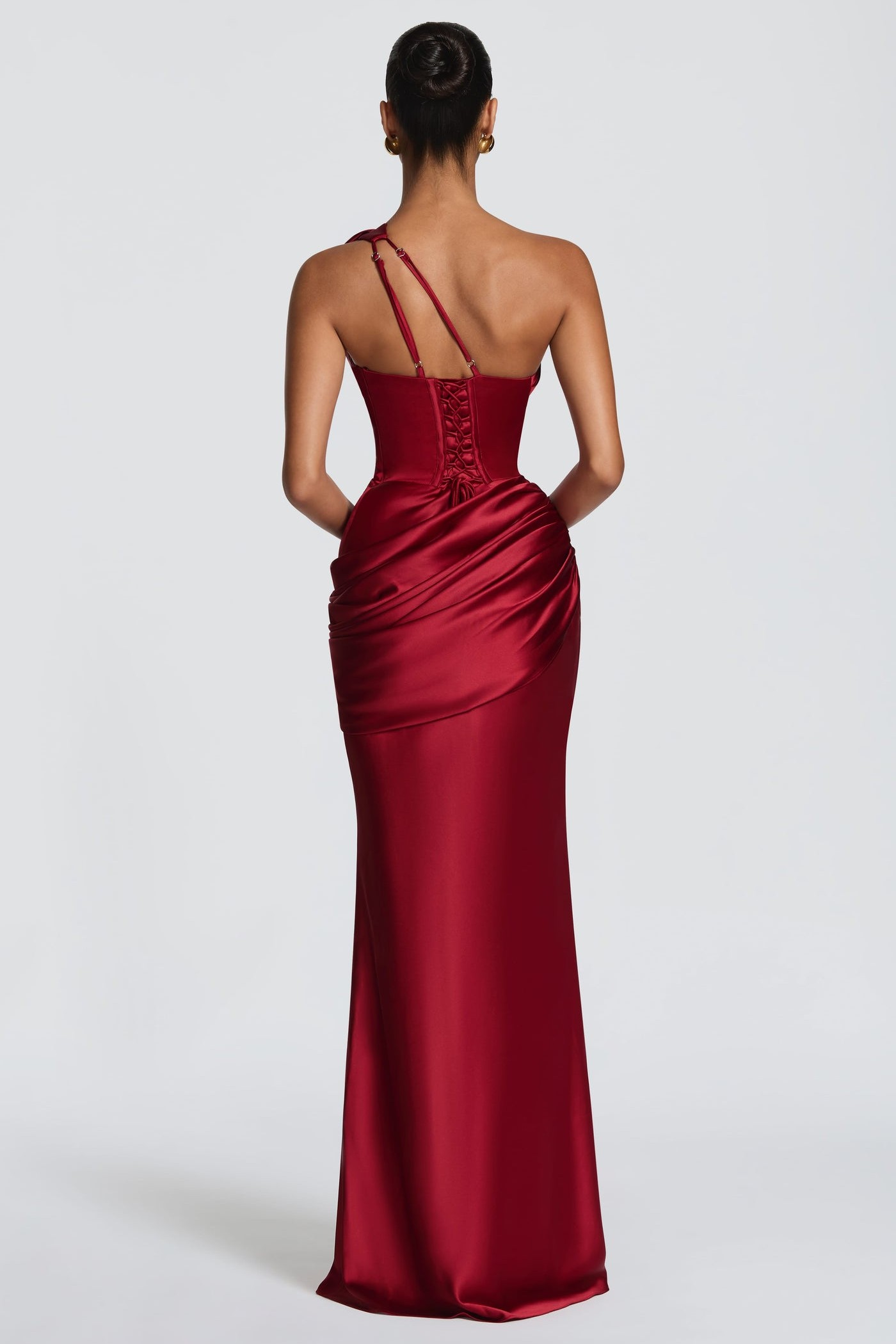 Satin One Shoulder Cutout Ruched Maxi Dress