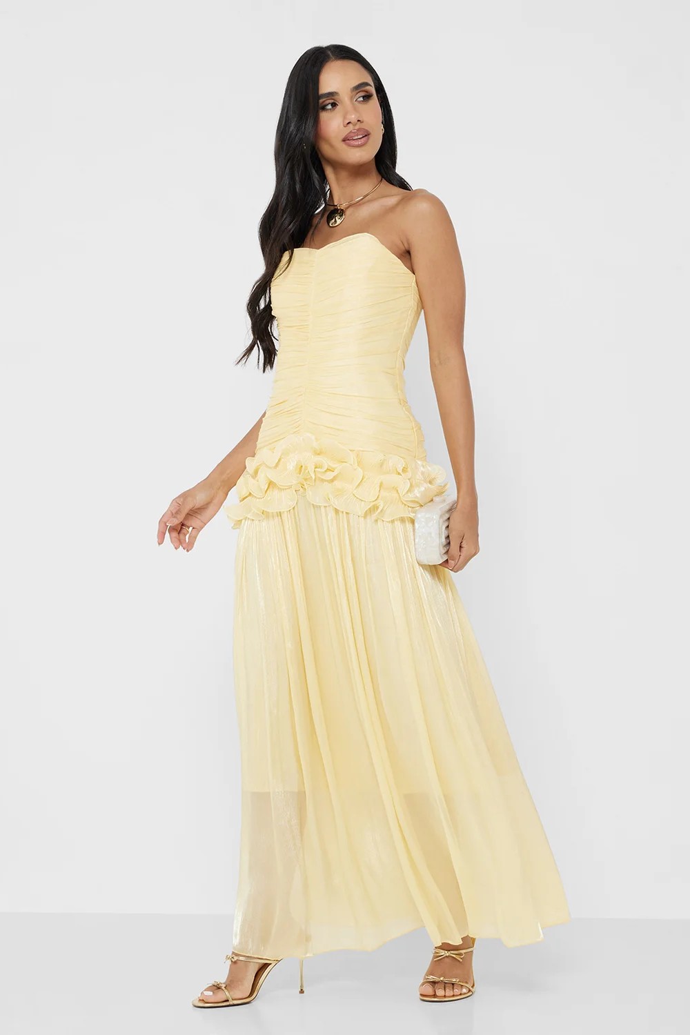 Metallic Fabric Strapless Pleated Ruffle Maxi Dress