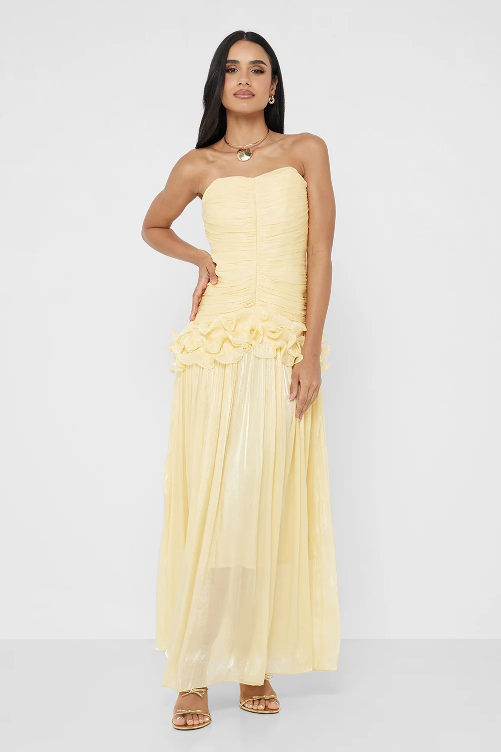 Metallic Fabric Strapless Pleated Ruffle Maxi Dress