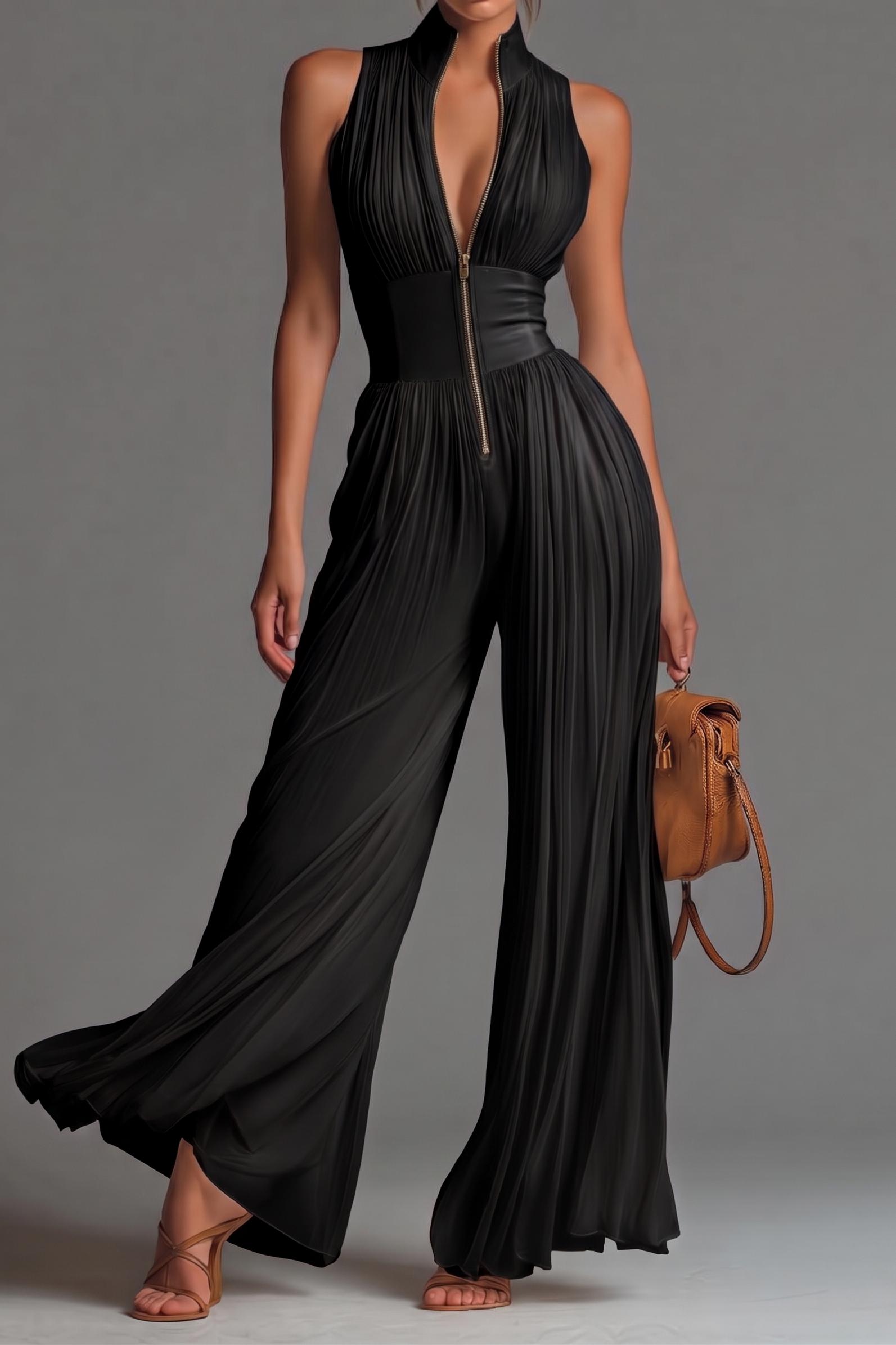 Chiffon Pleated Zip-up Wide-leg Jumpsuit