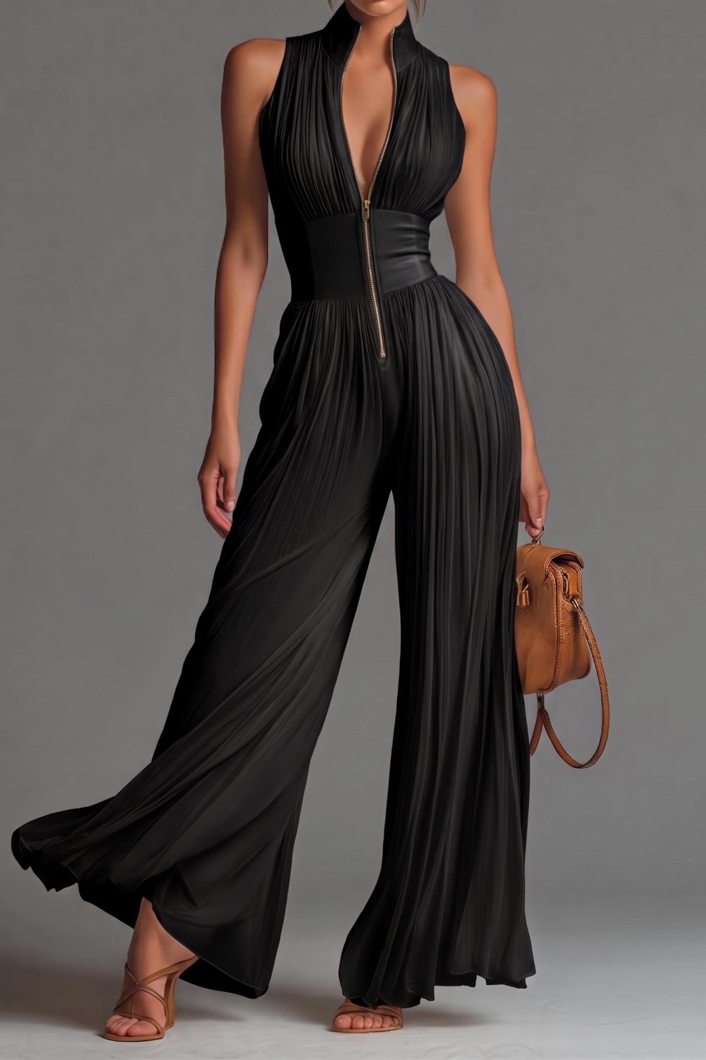 Chiffon Pleated Zip-up Wide-leg Jumpsuit