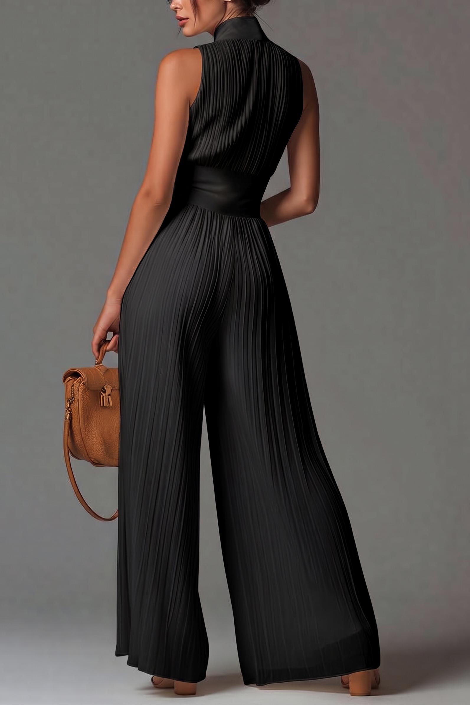 Chiffon Pleated Zip-up Wide-leg Jumpsuit