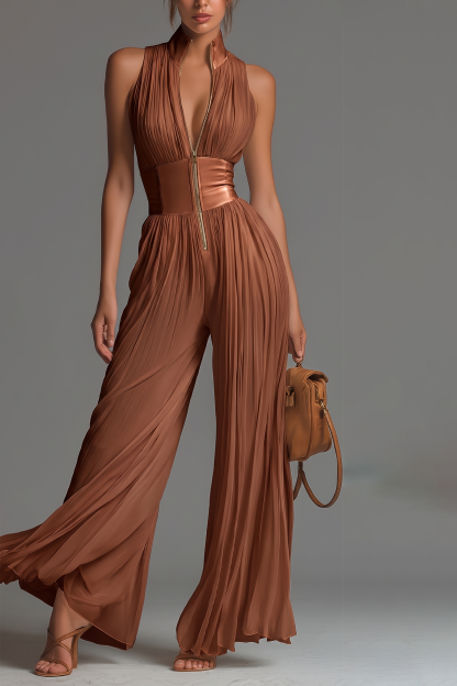 Chiffon Pleated Zip-up Wide-leg Jumpsuit