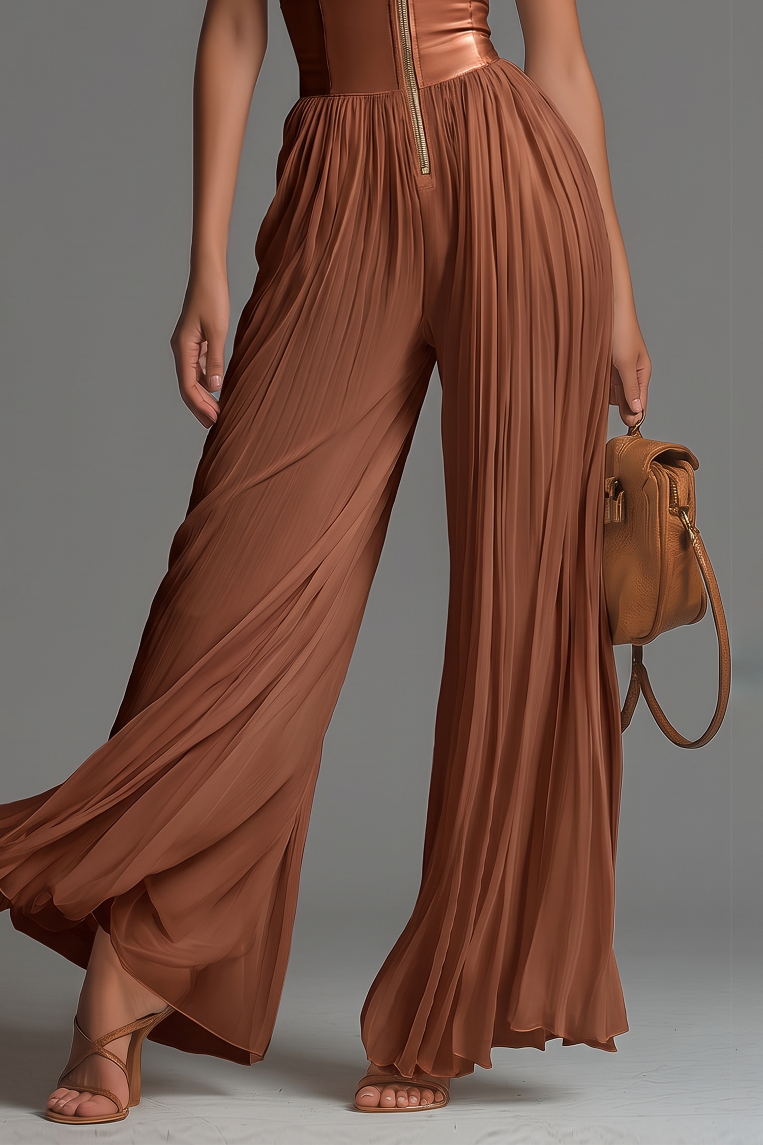 Chiffon Pleated Zip-up Wide-leg Jumpsuit