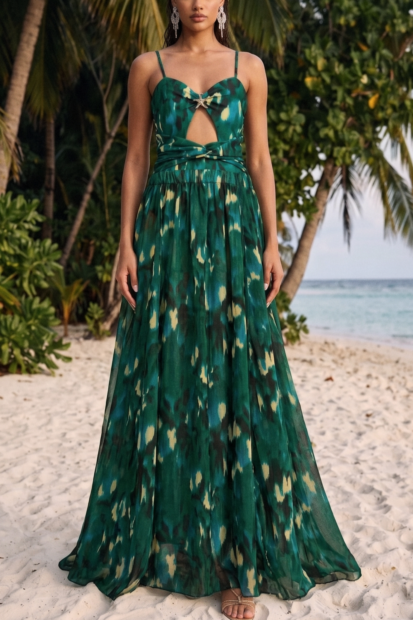 Jersey Printed Cutout Twist One-Piece Swimsuit With Split Cover Up Set
