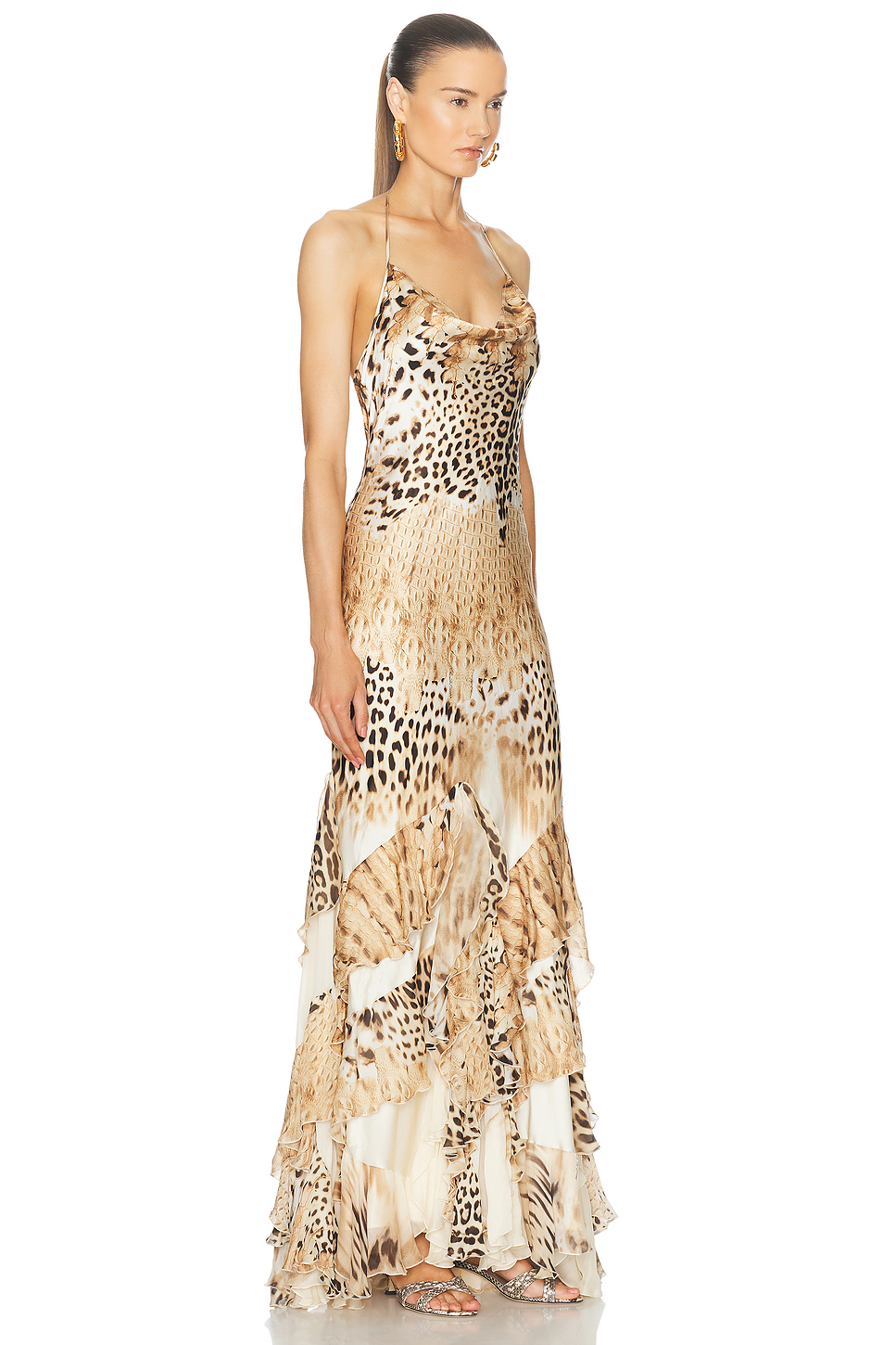 Leopard Print Cowl Neck Irregular Ruffle Slip Maxi Dress