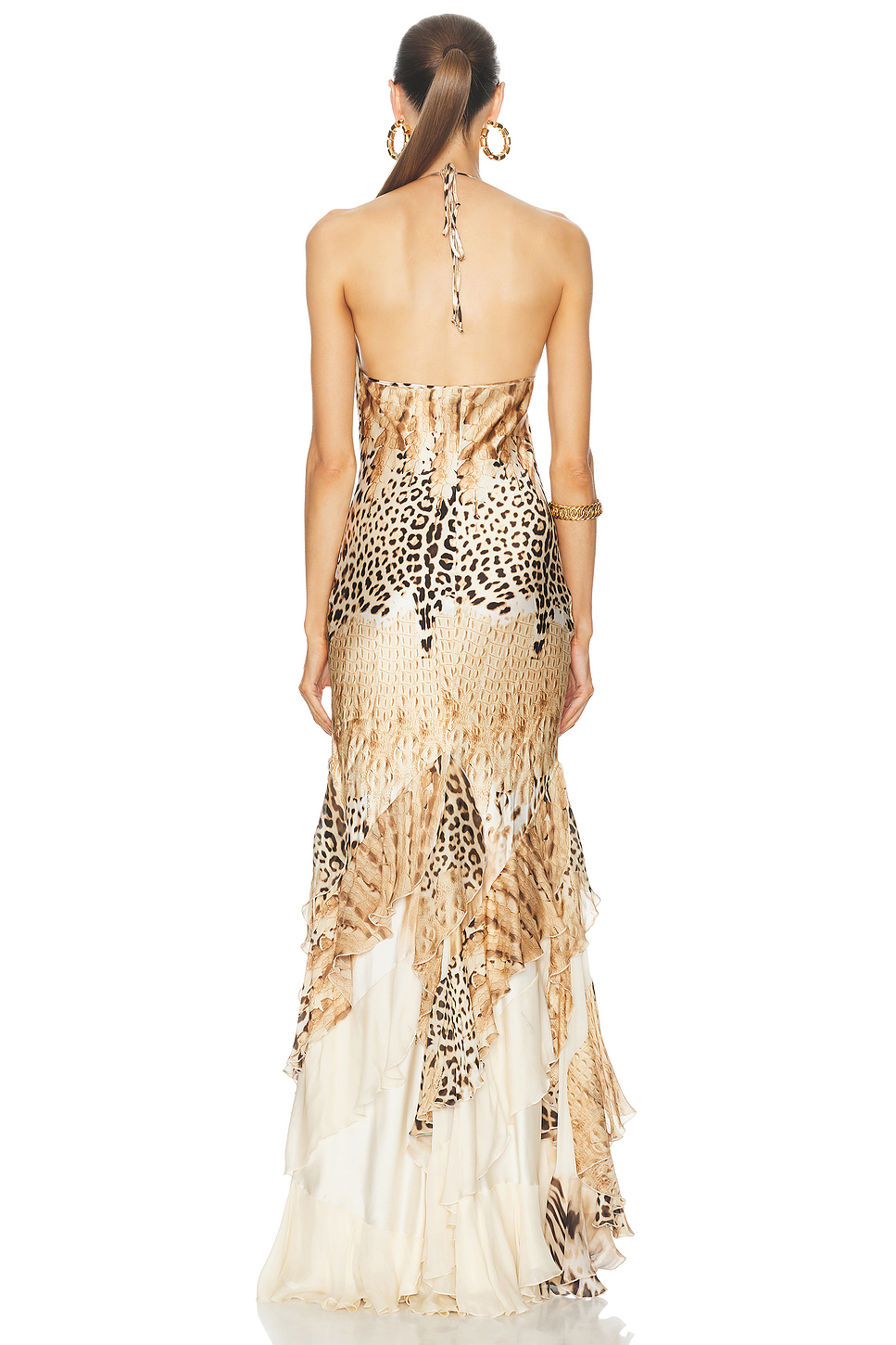 Leopard Print Cowl Neck Irregular Ruffle Slip Maxi Dress