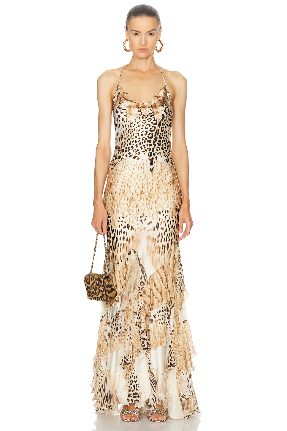 Leopard Print Cowl Neck Irregular Ruffle Slip Maxi Dress
