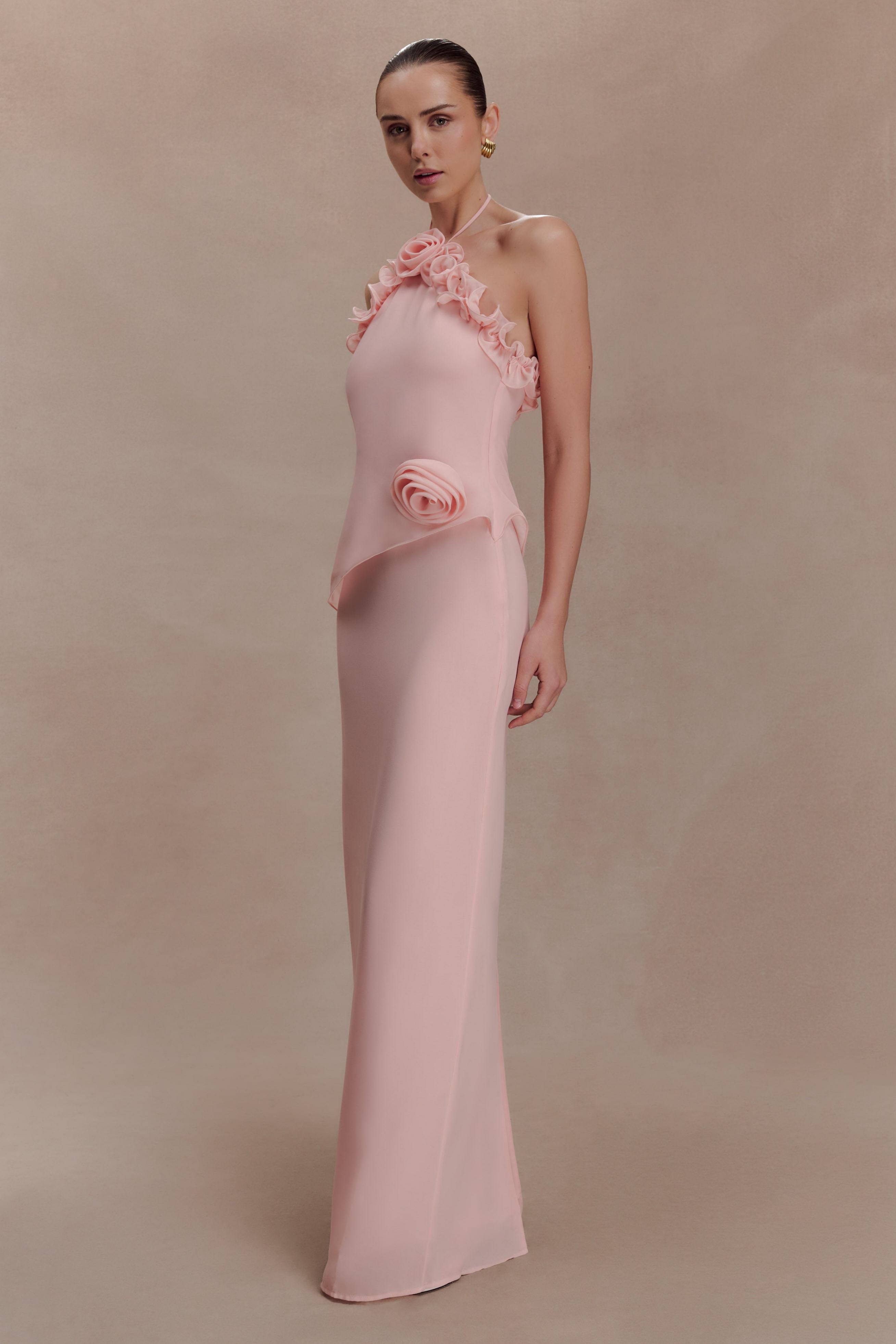 Halter Ruffle 3D Floral Maxi Dress