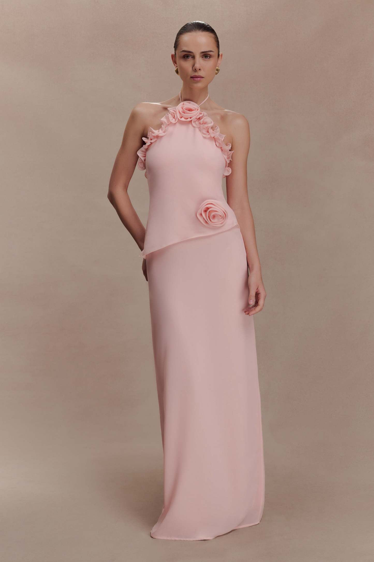 Halter Ruffle 3D Floral Maxi Dress
