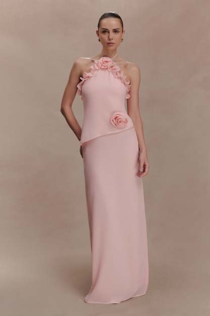 Halter Ruffle 3D Floral Maxi Dress