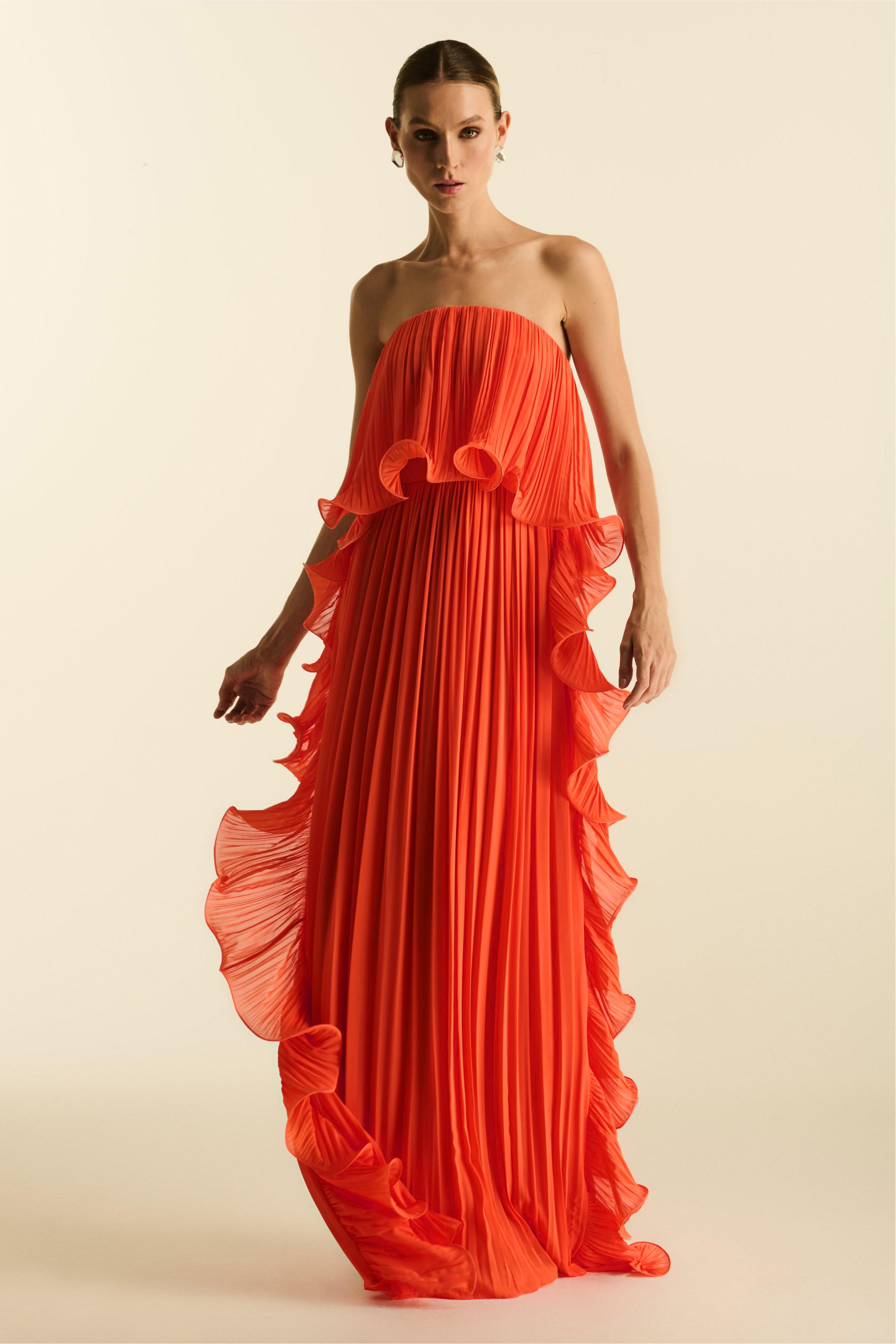 Chiffon Pleated Frill Maxi Dress