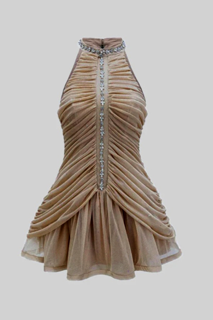 Knitted Fabric Ruched Rhinestone Halter Mini Dress