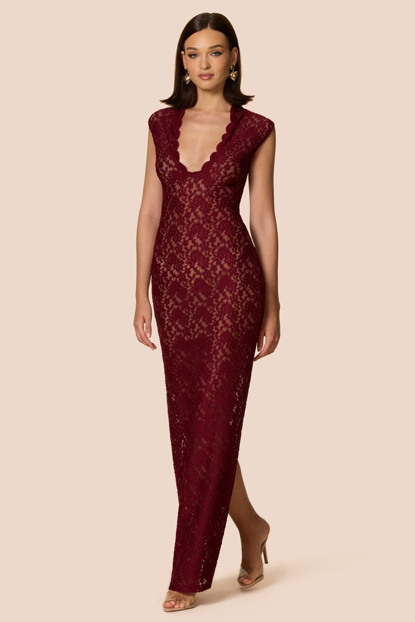 Lace Stand Collar Slit Mermaid Maxi Dress