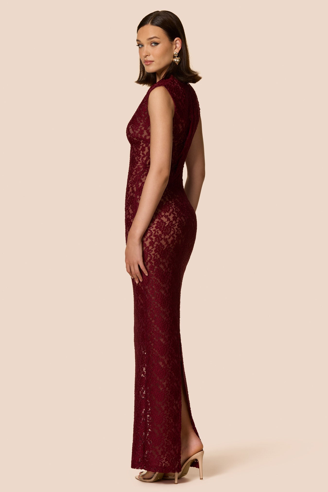 Lace Stand Collar Slit Mermaid Maxi Dress