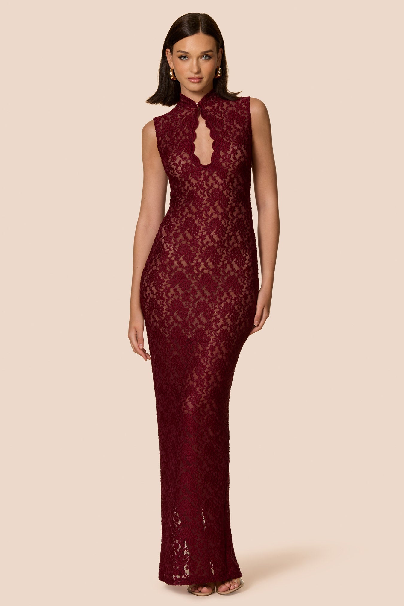 Lace Stand Collar Slit Mermaid Maxi Dress