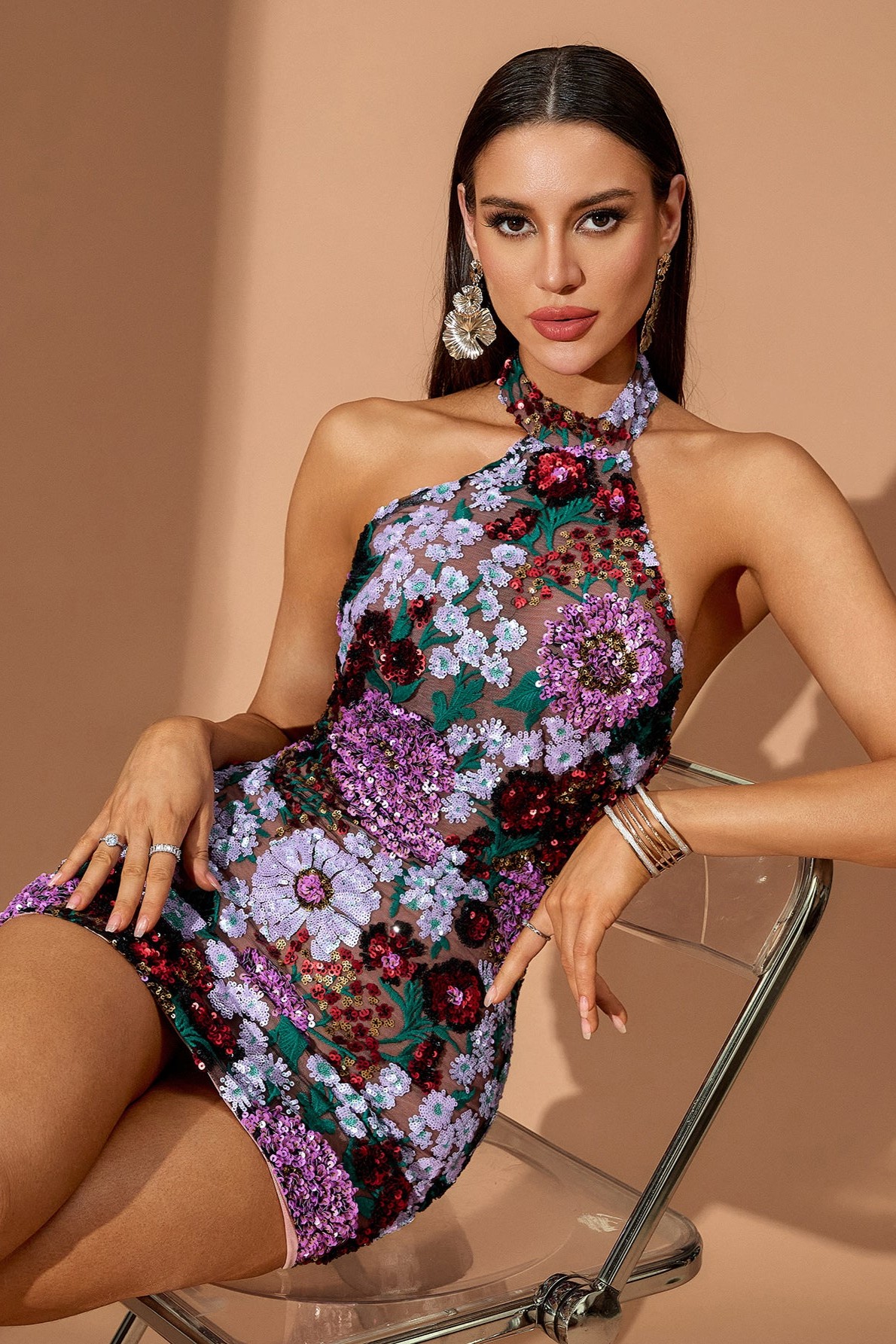 Mesh Floral Applique Halter Mini Dress