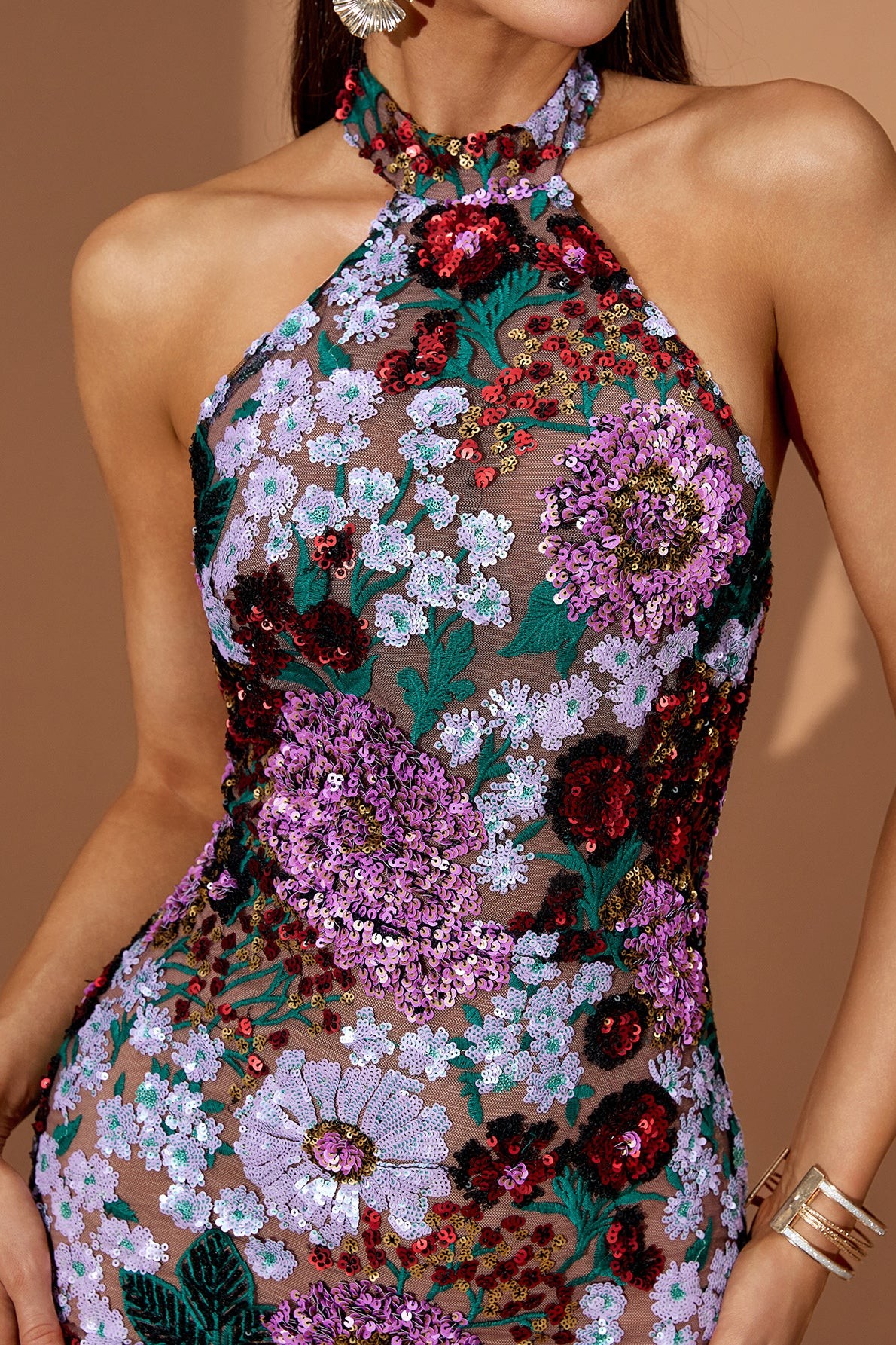 Mesh Floral Applique Halter Mini Dress