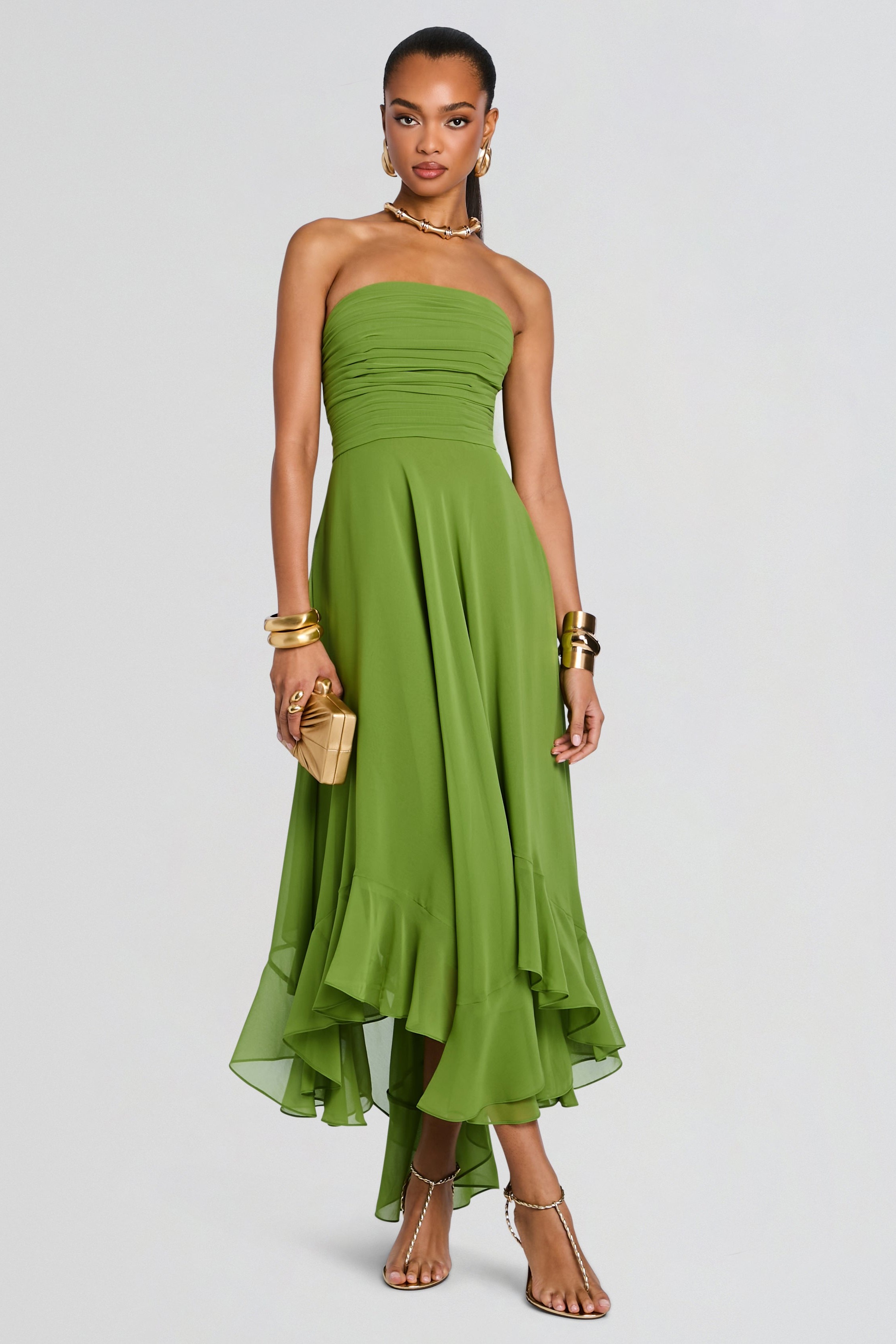 ruffled strapless midi dress Red Chiffon - Dress - Midi Dress Hidden back zipper/clasp Diony Strapless Ruffle Hem Midi
